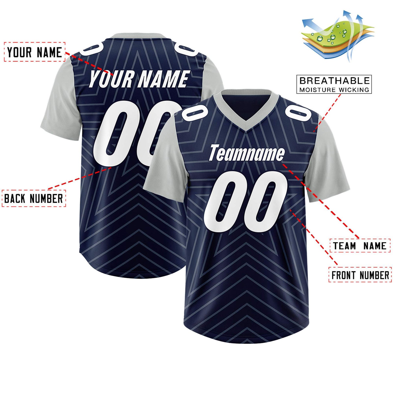 Custom Navy Gray Personalized Star Pattern Raglan Sleeves Authentic Football Jersey