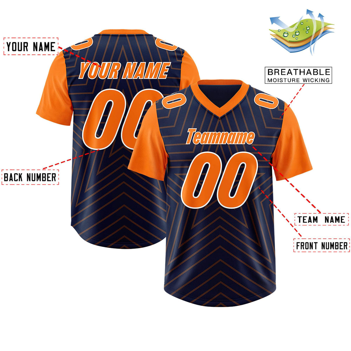 Custom Navy Orange Personalized Star Pattern Raglan Sleeves Authentic Football Jersey