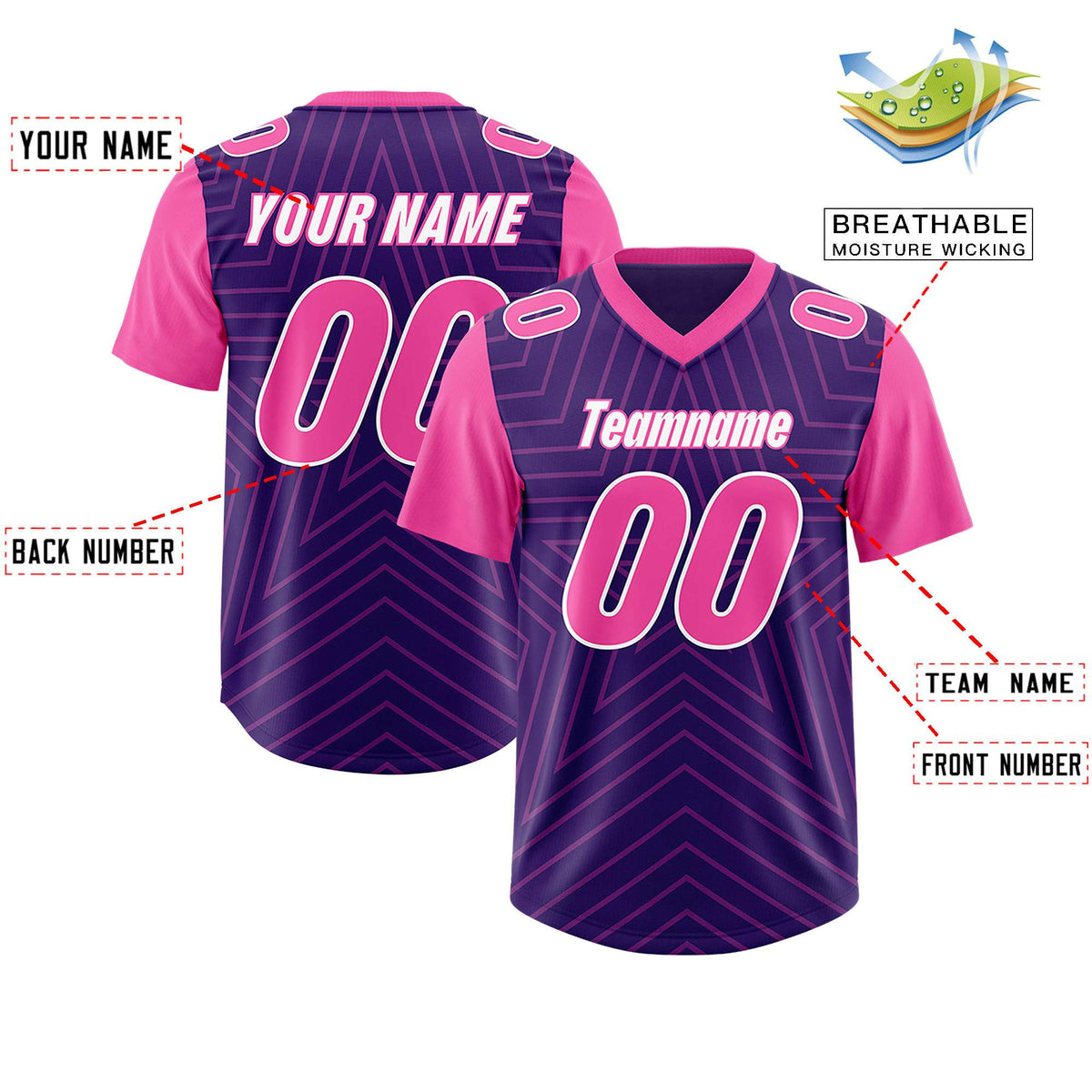 Custom Purple Pink Personalized Star Pattern Raglan Sleeves Authentic Football Jersey