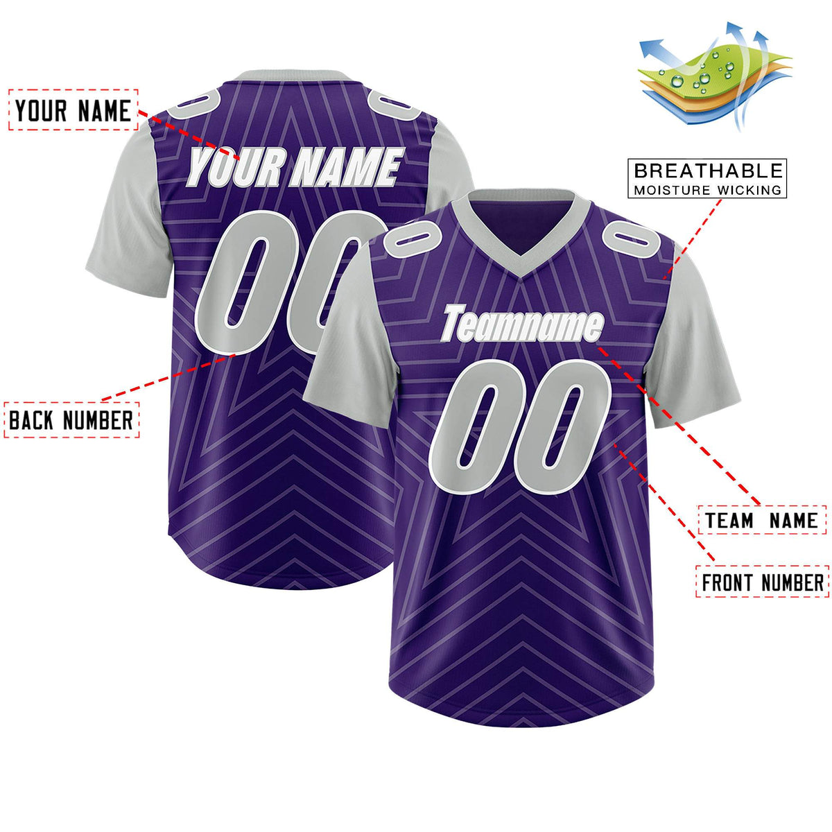 Custom Purple Gray Personalized Star Pattern Raglan Sleeves Authentic Football Jersey