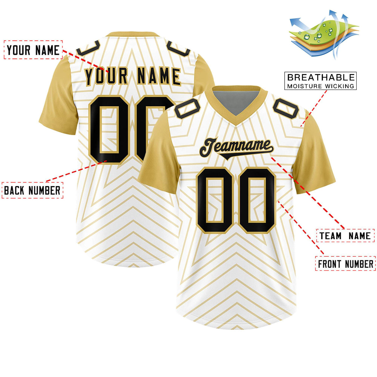 Custom White Old Gold Personalized Star Pattern Raglan Sleeves Authentic Football Jersey