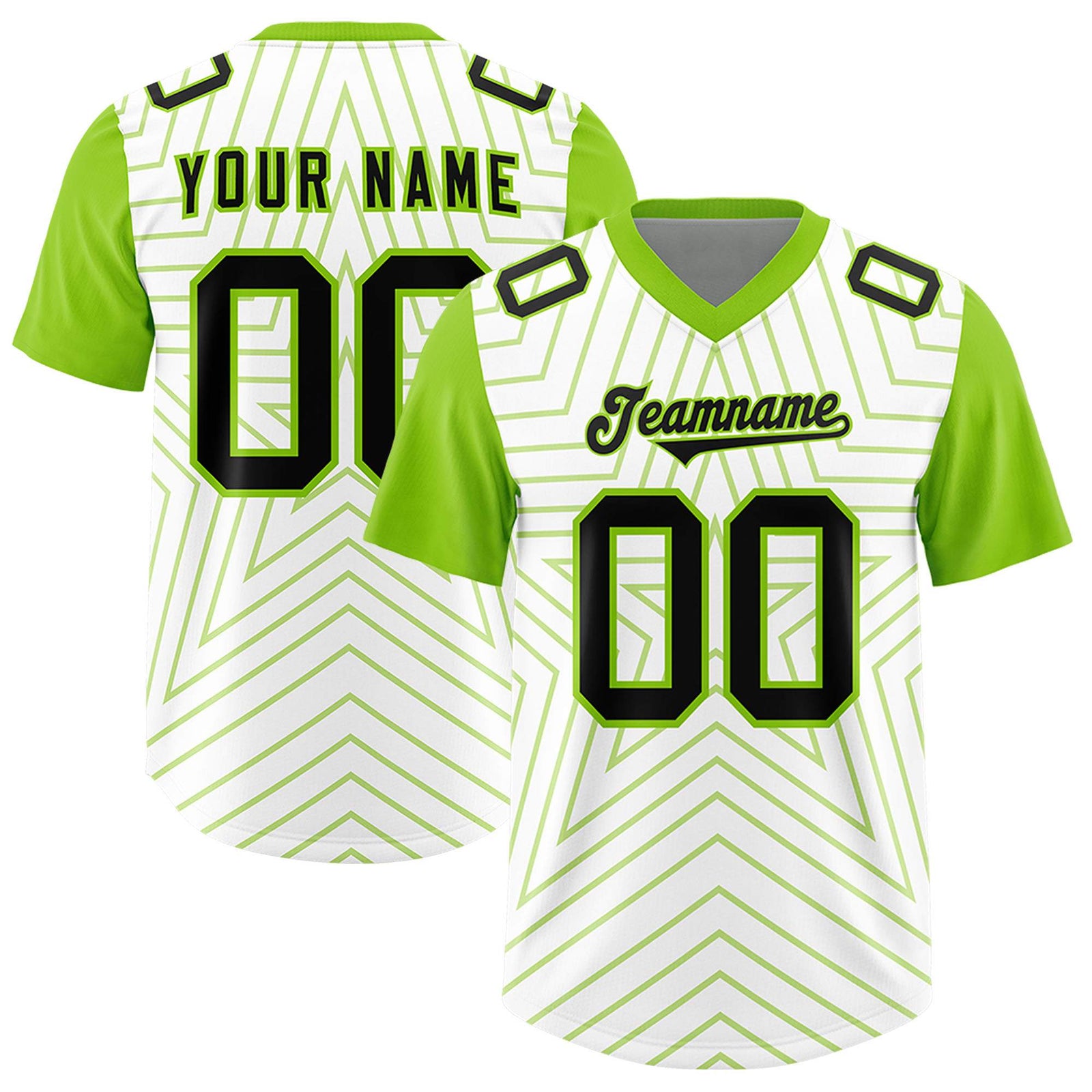 Custom White Neon Green Personalized Star Pattern Raglan Sleeves Authentic Football Jersey