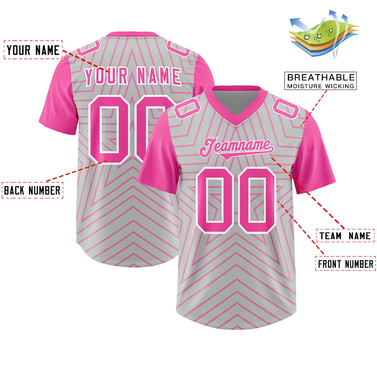 Custom Gray Pink Personalized Star Pattern Raglan Sleeves Authentic Football Jersey