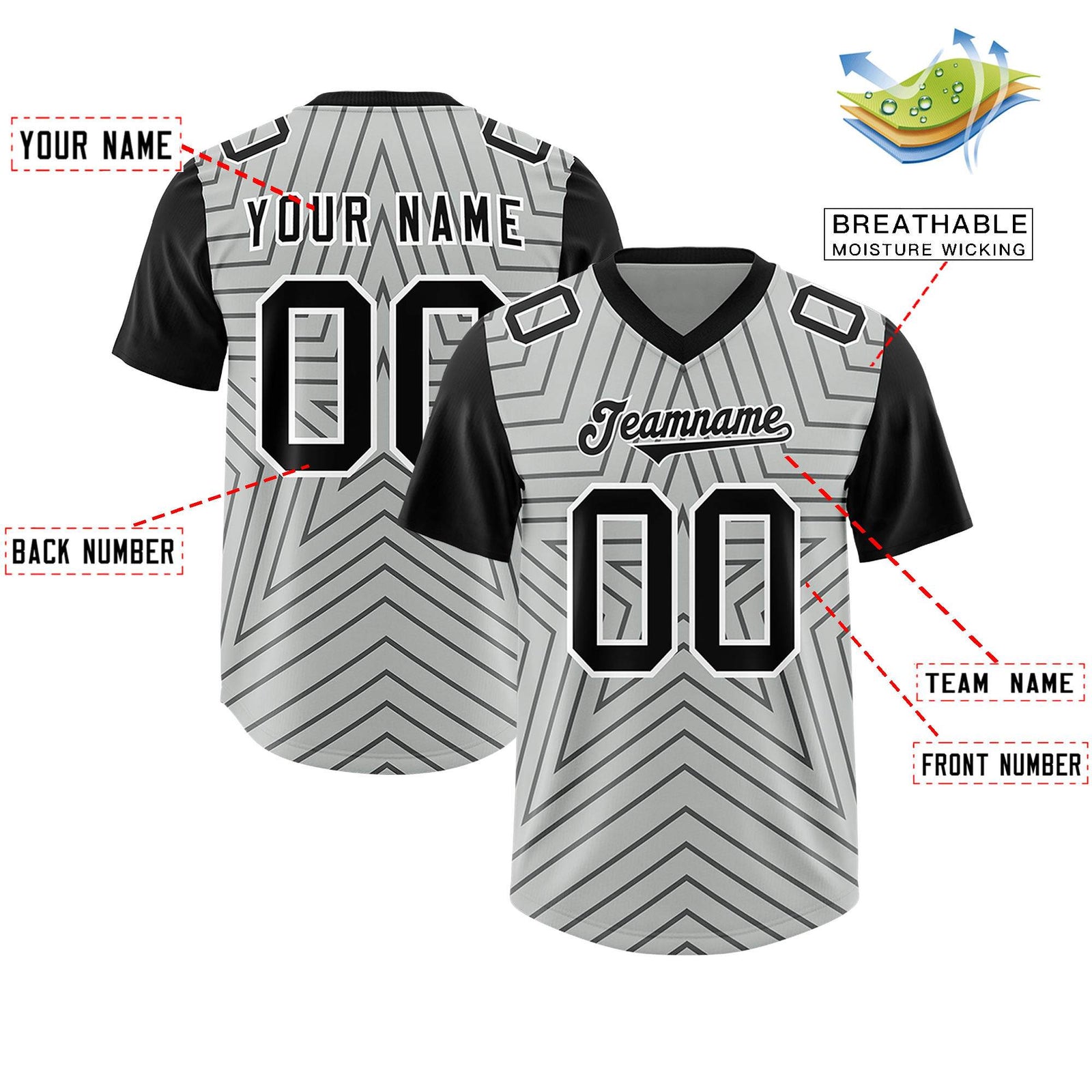 Custom Gray Black Personalized Star Pattern Raglan Sleeves Authentic Football Jersey