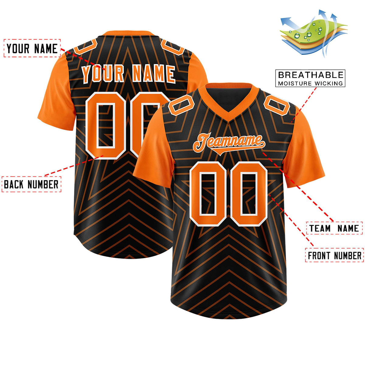 Custom Black Orange Personalized Star Pattern Raglan Sleeves Authentic Football Jersey
