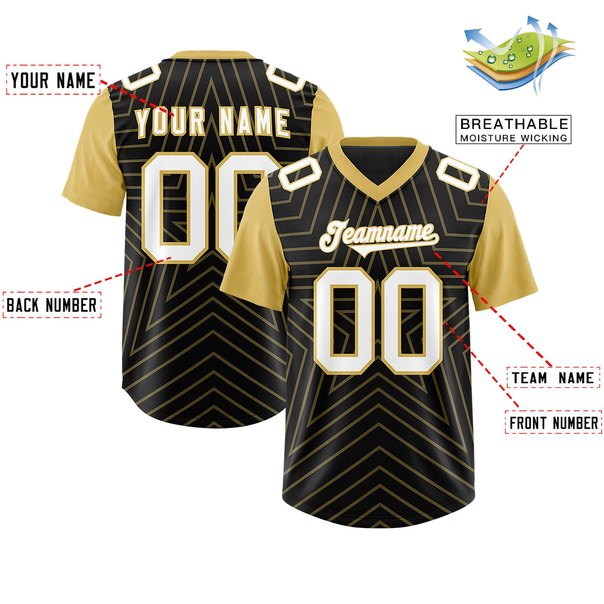 Custom Black Old Gold Personalized Star Pattern Raglan Sleeves Authentic Football Jersey
