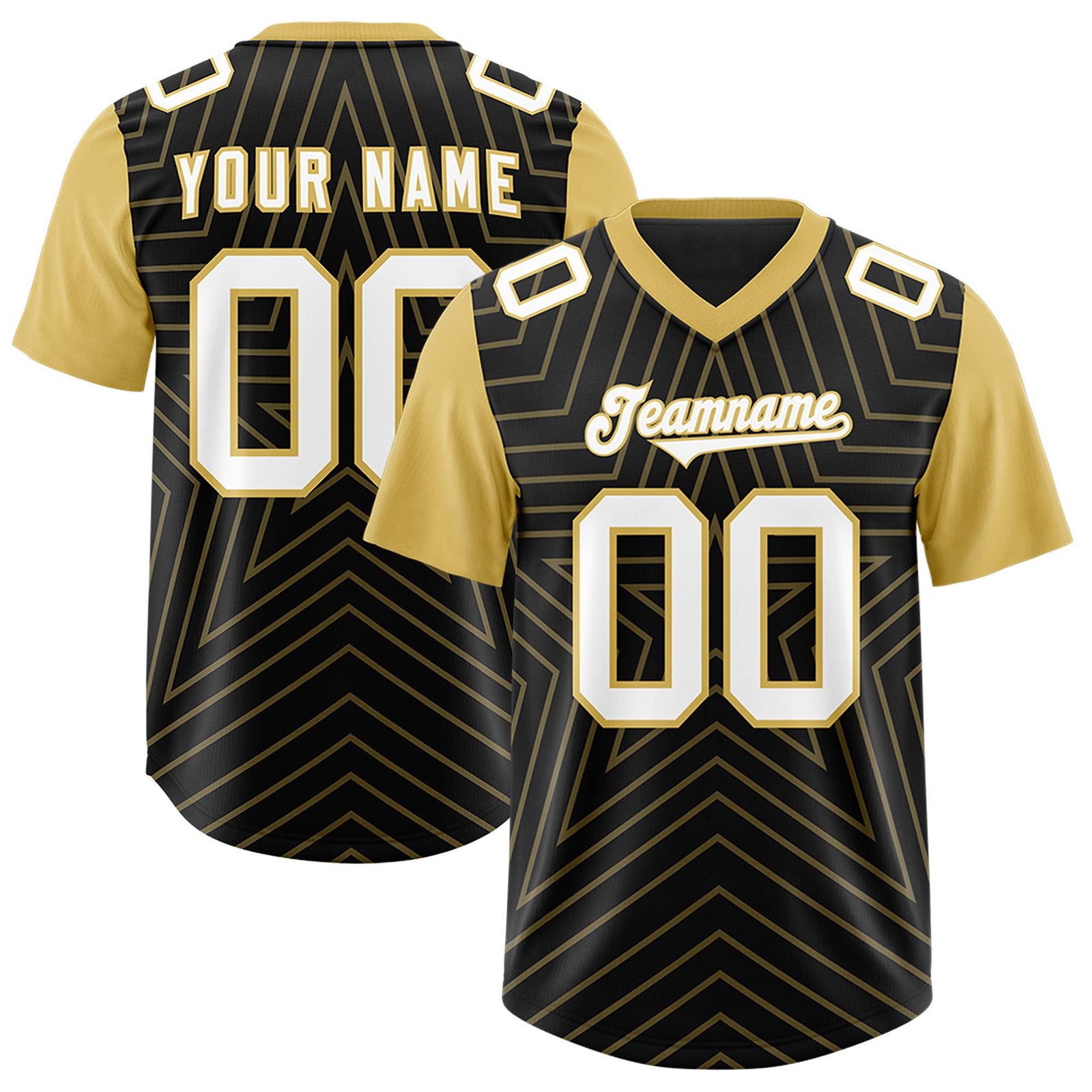 Custom Black Old Gold Personalized Star Pattern Raglan Sleeves Authentic Football Jersey