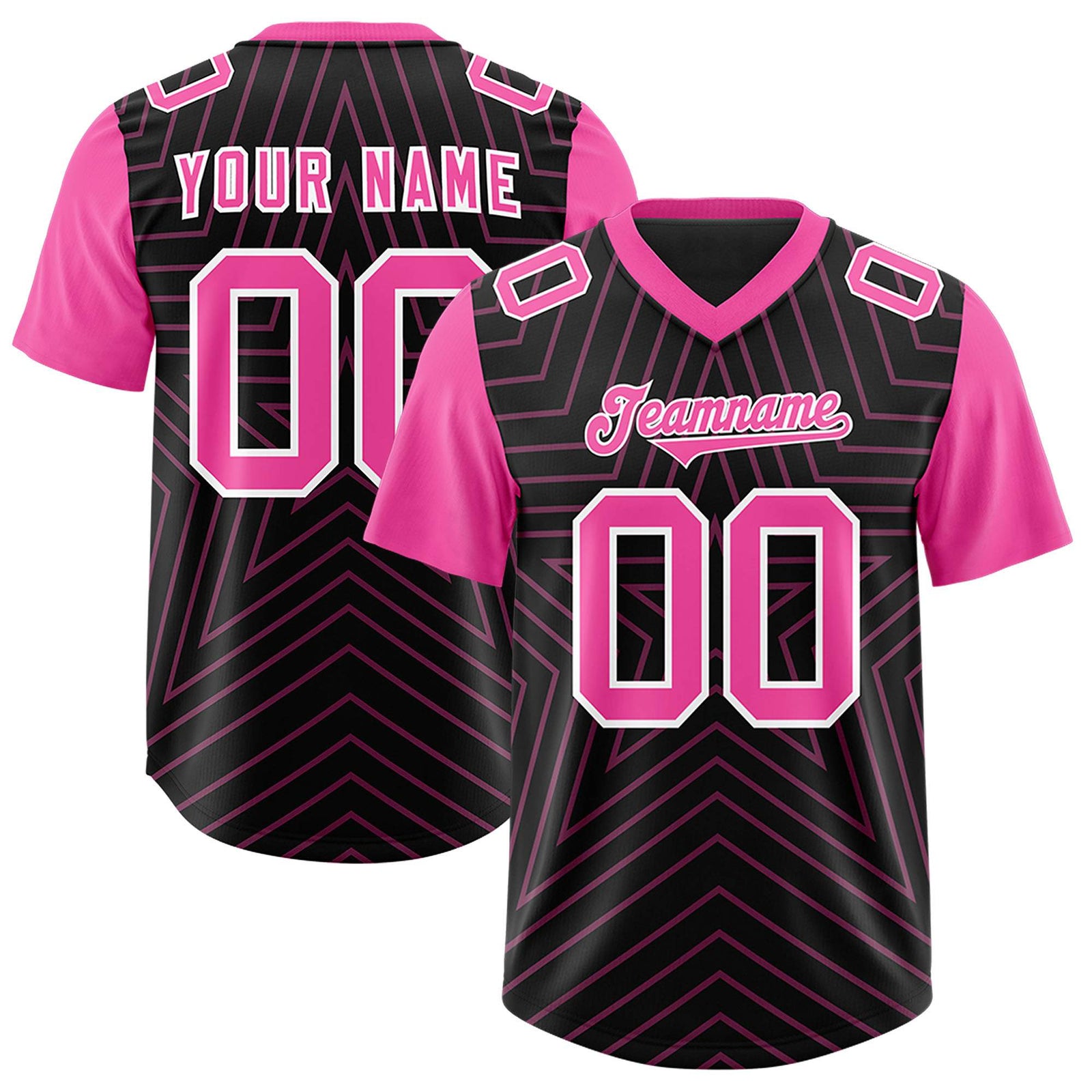 Custom Black Pink Personalized Star Pattern Raglan Sleeves Authentic Football Jersey