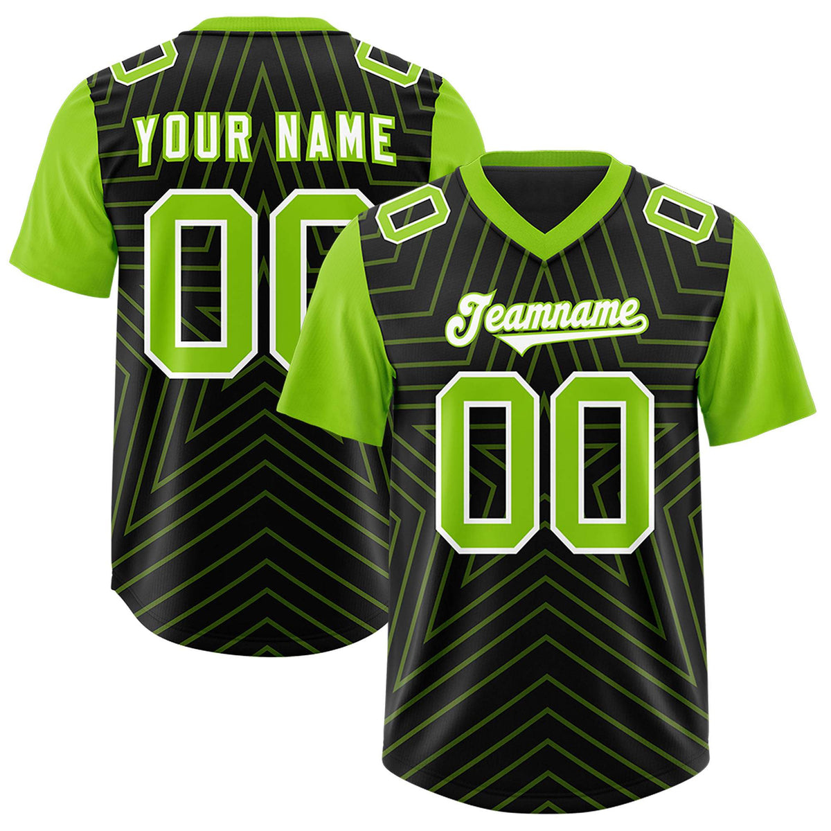 Custom Black Neon Green Personalized Star Pattern Raglan Sleeves Authentic Football Jersey