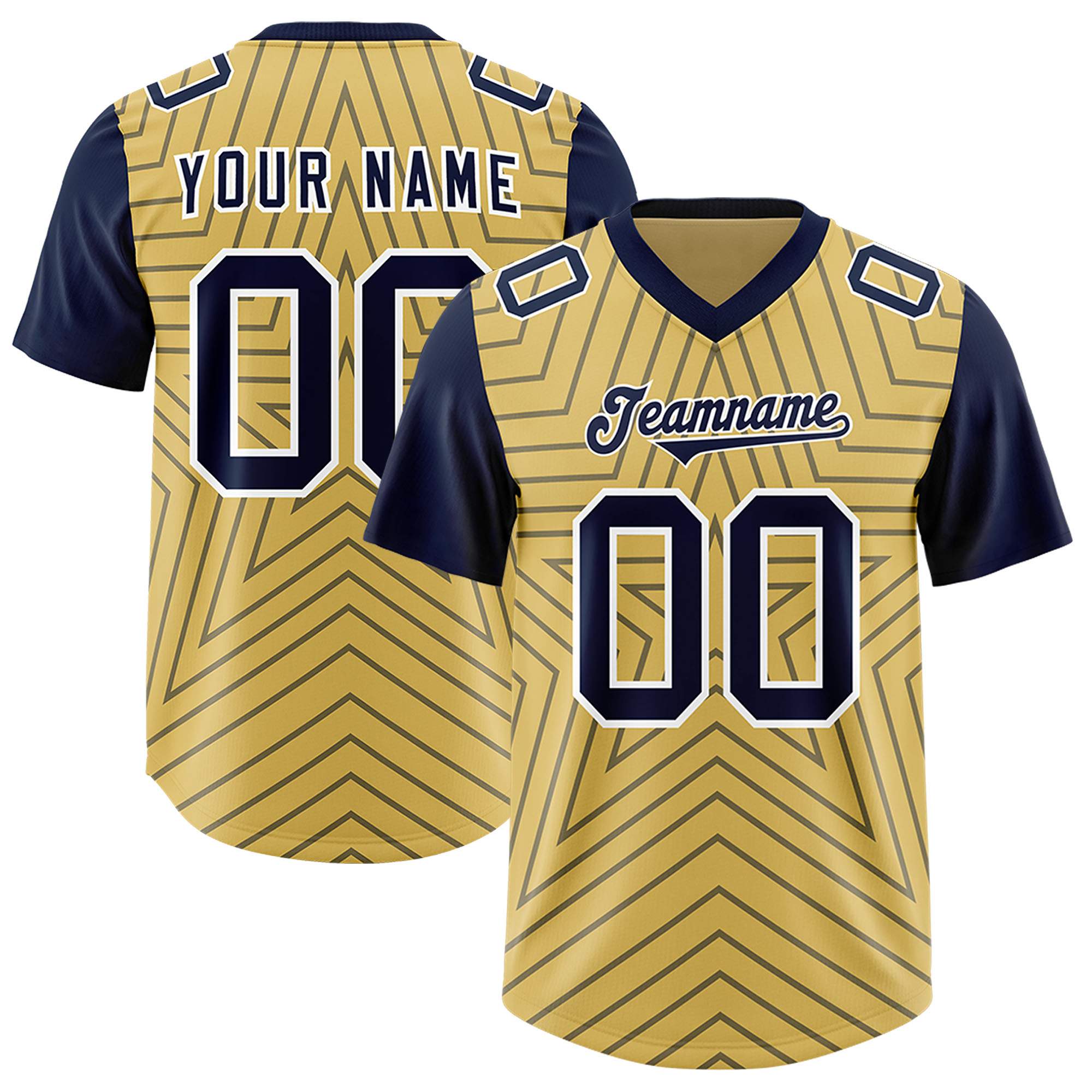 Custom Old Gold Navy Personalized Star Pattern Raglan Sleeves Authentic Football Jersey