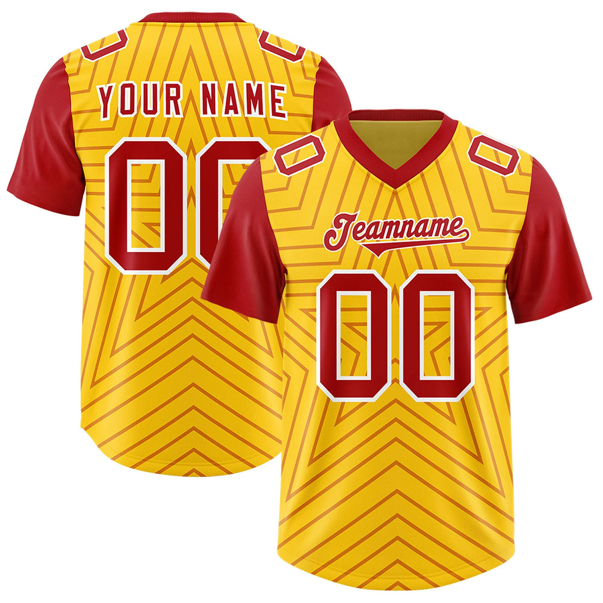 Custom Gold Red Personalized Star Pattern Raglan Sleeves Authentic Football Jersey