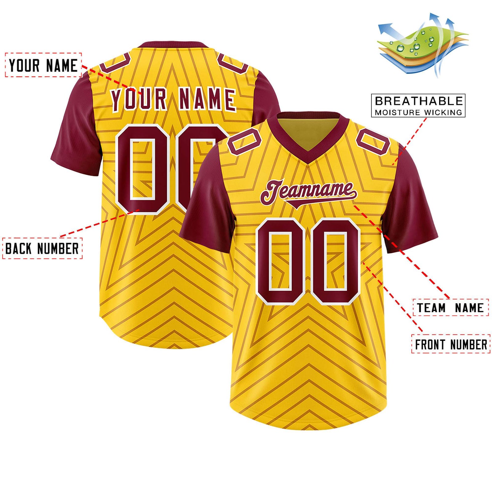 Custom Gold Cardinal Personalized Star Pattern Raglan Sleeves Authentic Football Jersey