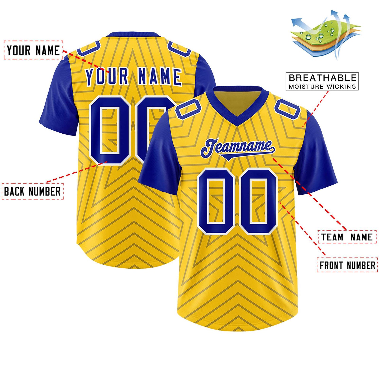 Custom Gold Royal Personalized Star Pattern Raglan Sleeves Authentic Football Jersey