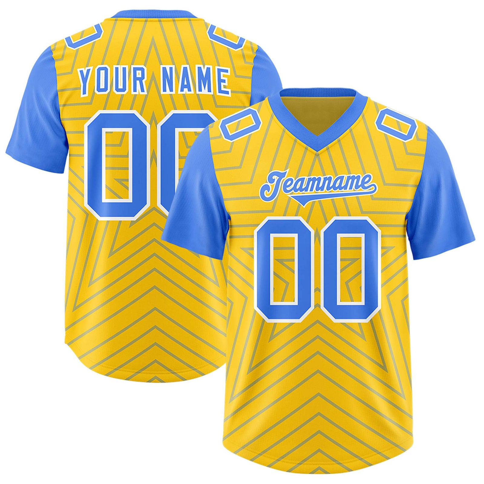 Custom Gold Powder Blue Personalized Star Pattern Raglan Sleeves Authentic Football Jersey