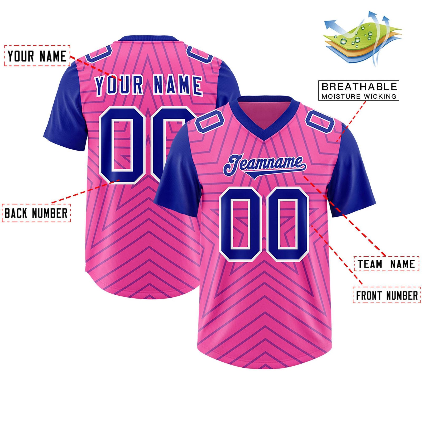 Custom Pink Royal Personalized Star Pattern Raglan Sleeves Authentic Football Jersey