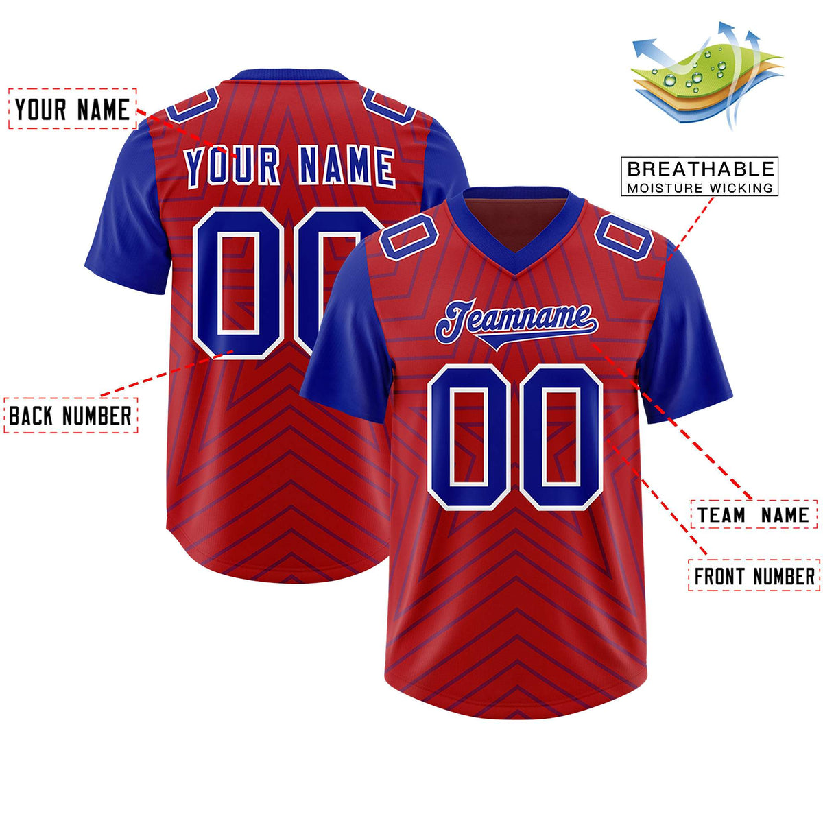 Custom Red Royal Personalized Star Pattern Raglan Sleeves Authentic Football Jersey