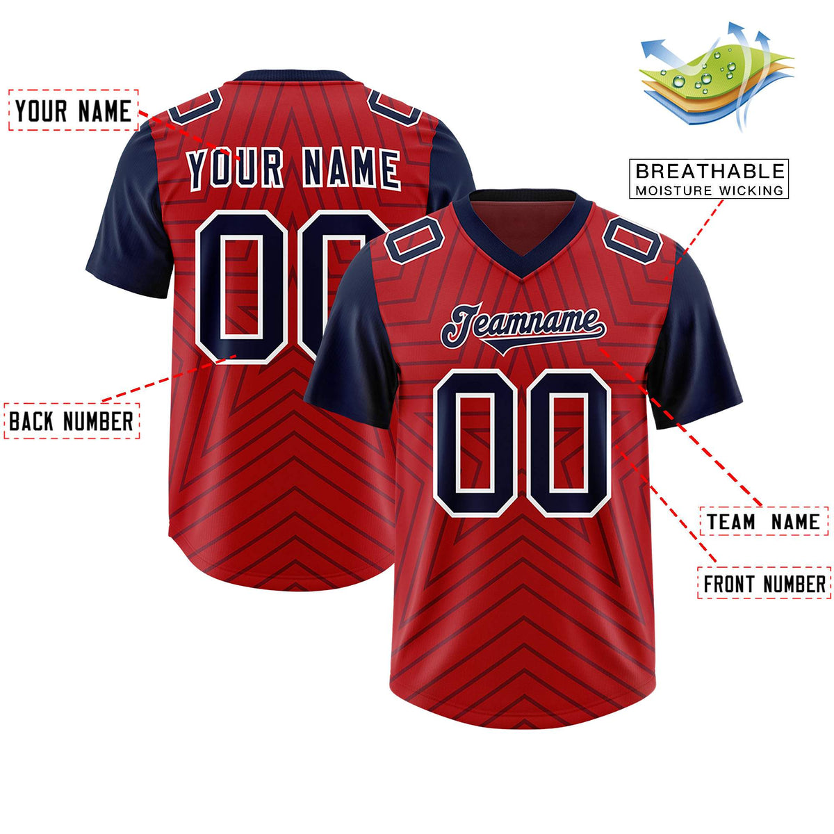 Custom Red Navy Personalized Star Pattern Raglan Sleeves Authentic Football Jersey