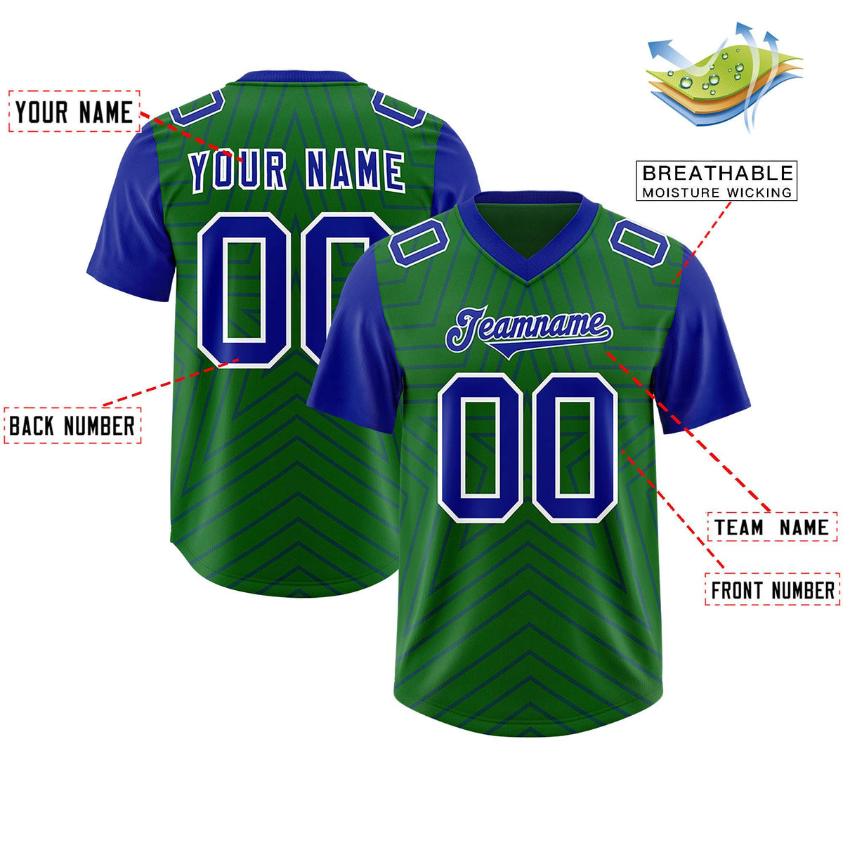 Custom Kelly Green Royal Personalized Star Pattern Raglan Sleeves Authentic Football Jersey