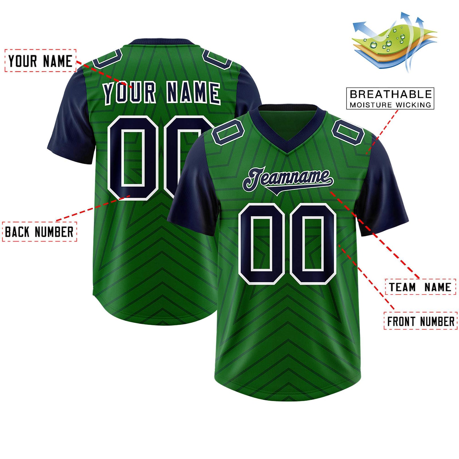Custom Kelly Green Navy Personalized Star Pattern Raglan Sleeves Authentic Football Jersey