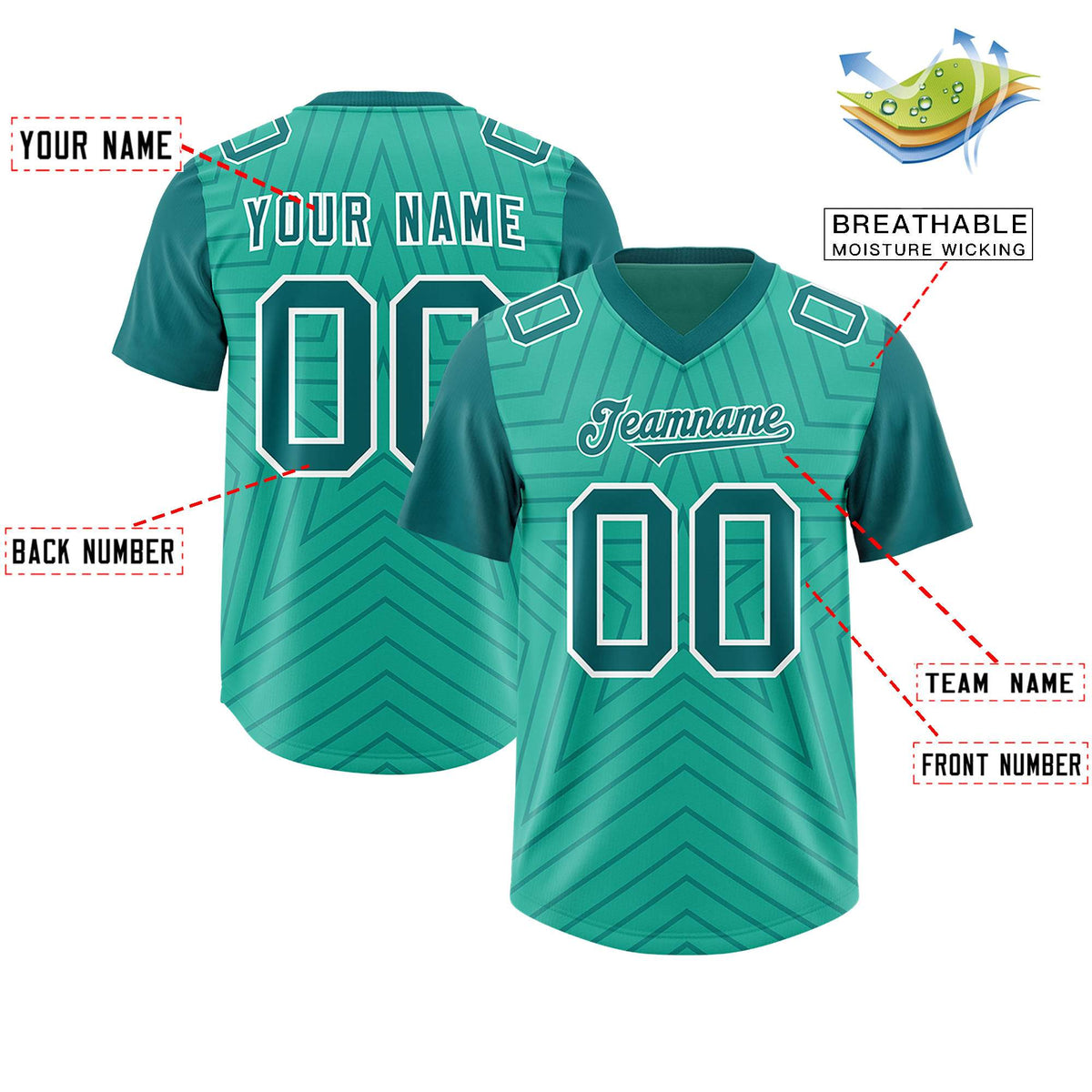 Custom Bright Green Aqua Personalized Star Pattern Raglan Sleeves Authentic Football Jersey