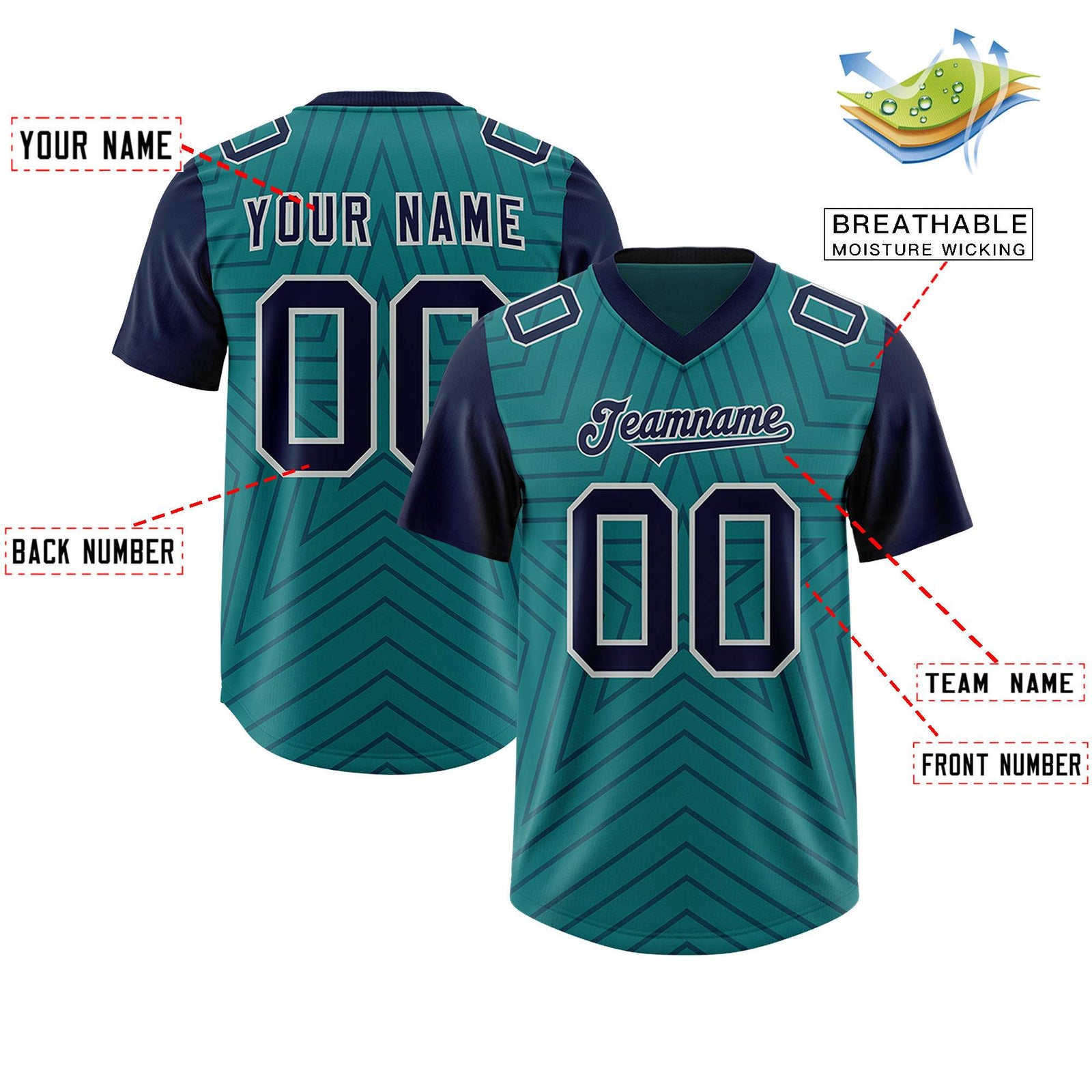 Custom Aqua Navy Personalized Star Pattern Raglan Sleeves Authentic Football Jersey