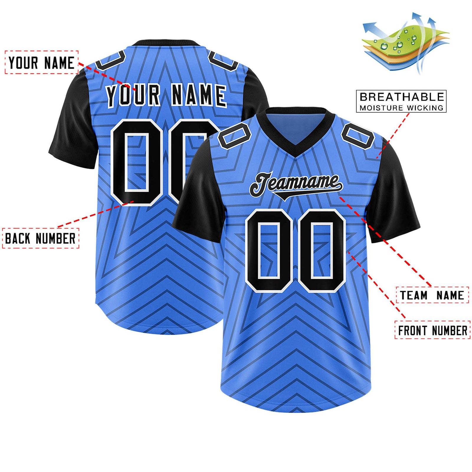 Custom Powder Blue Black Personalized Star Pattern Raglan Sleeves Authentic Football Jersey