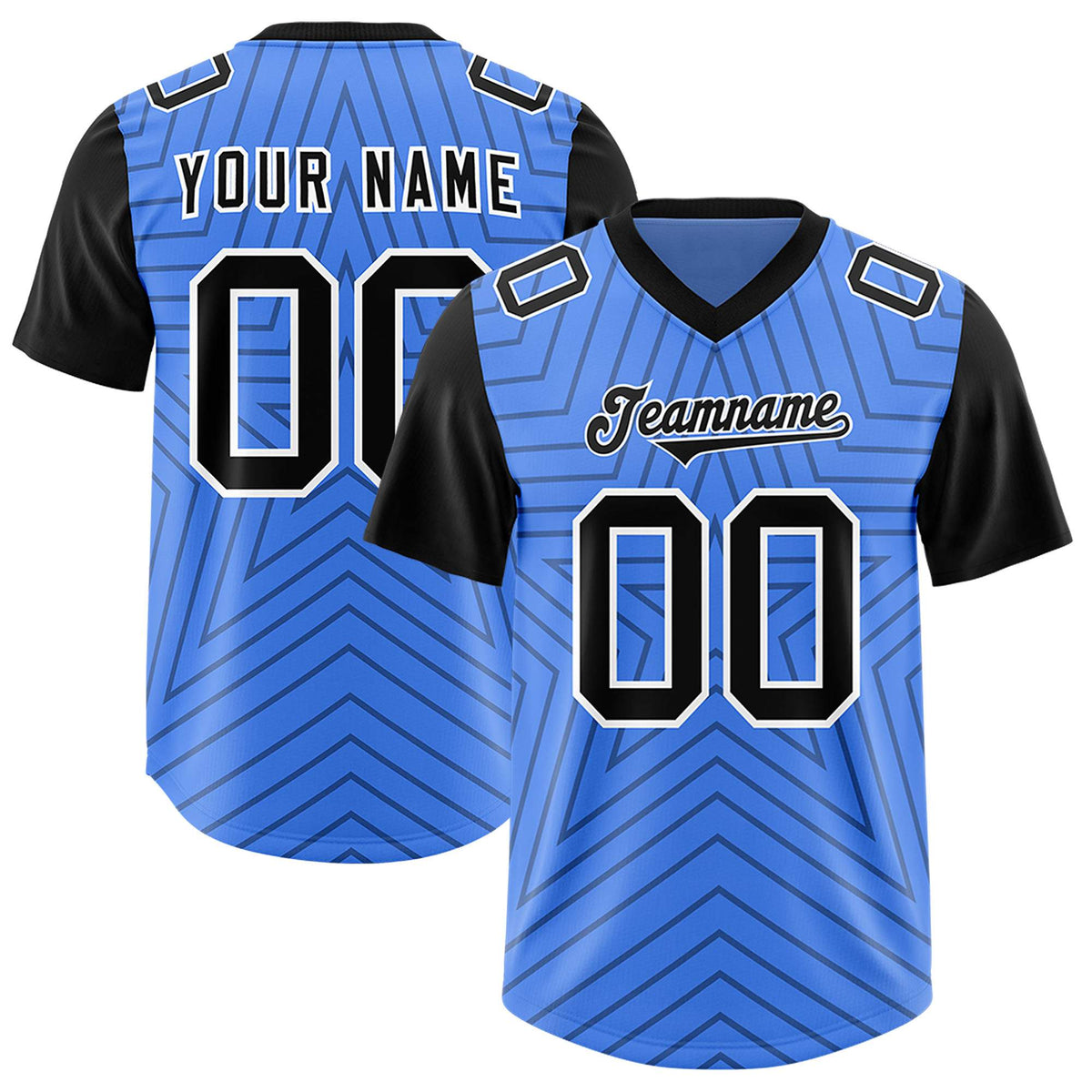 Custom Powder Blue Black Personalized Star Pattern Raglan Sleeves Authentic Football Jersey