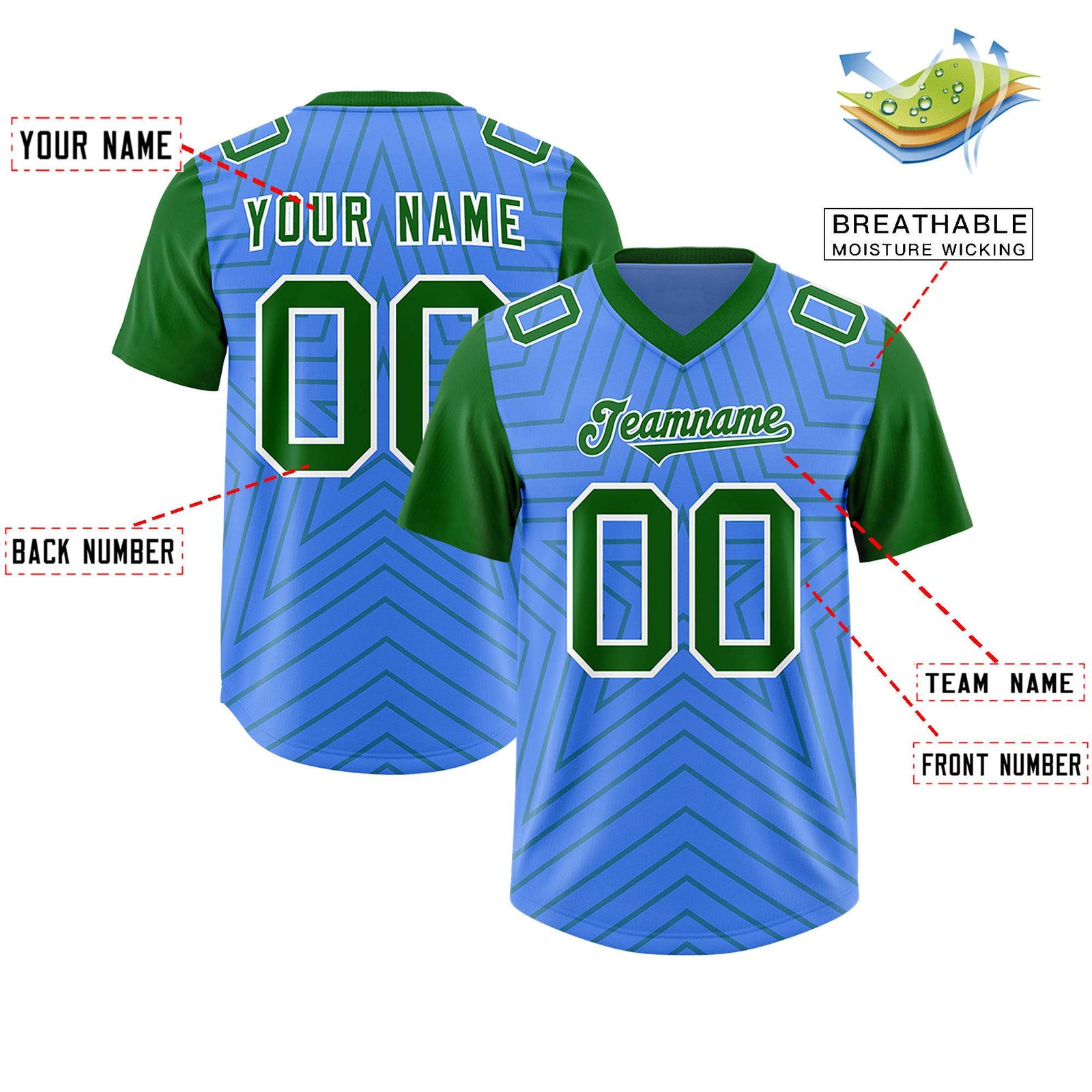 Custom Powder Blue Kelly Green Personalized Star Pattern Raglan Sleeves Authentic Football Jersey