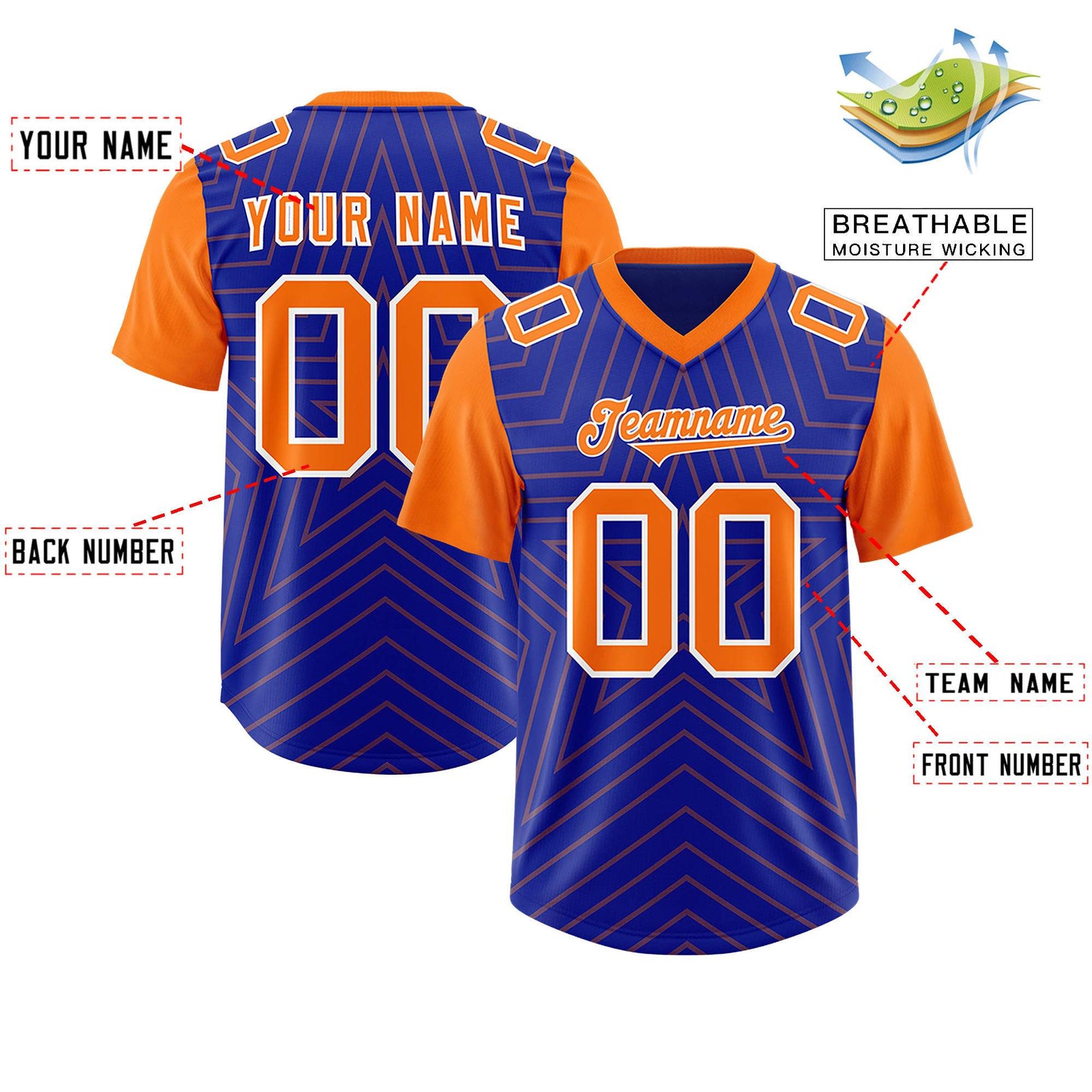 Custom Royal Orange Personalized Star Pattern Raglan Sleeves Authentic Football Jersey