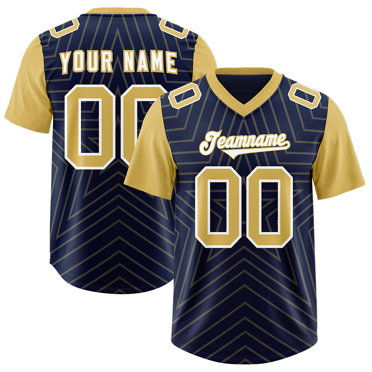 Custom Navy Old Gold Personalized Star Pattern Raglan Sleeves Authentic Football Jersey
