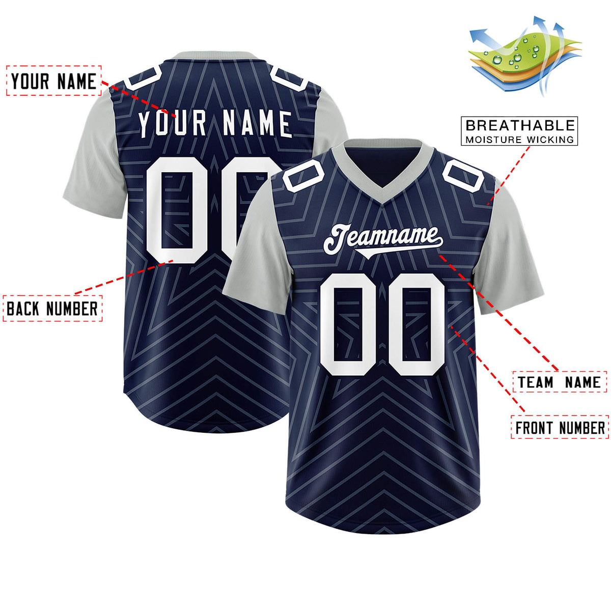 Custom Navy Gray Personalized Star Pattern Raglan Sleeves Authentic Football Jersey
