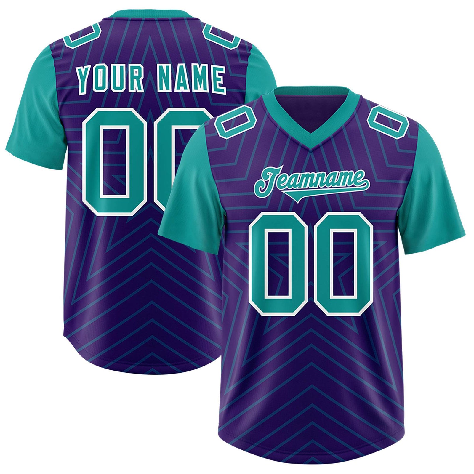 Custom Purple Aqua Personalized Star Pattern Raglan Sleeves Authentic Football Jersey