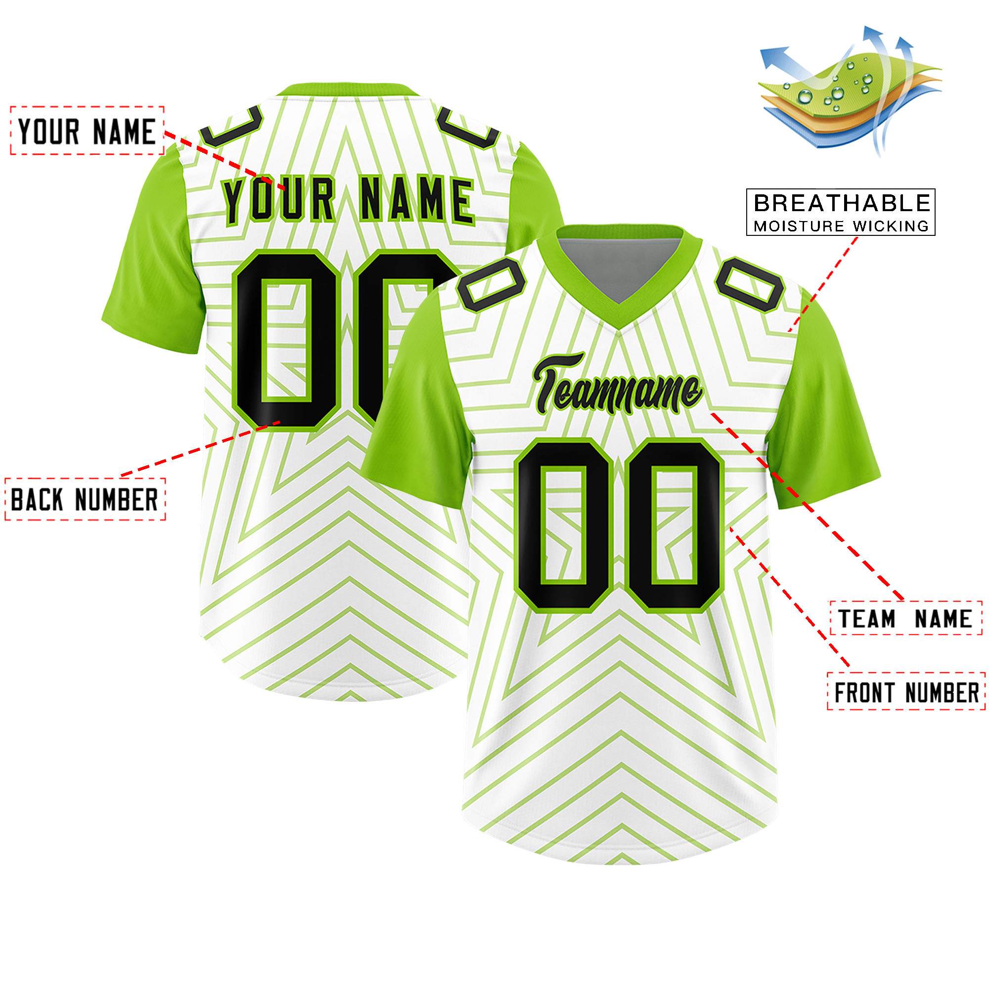 Custom White Neon Green Personalized Star Pattern Raglan Sleeves Authentic Football Jersey