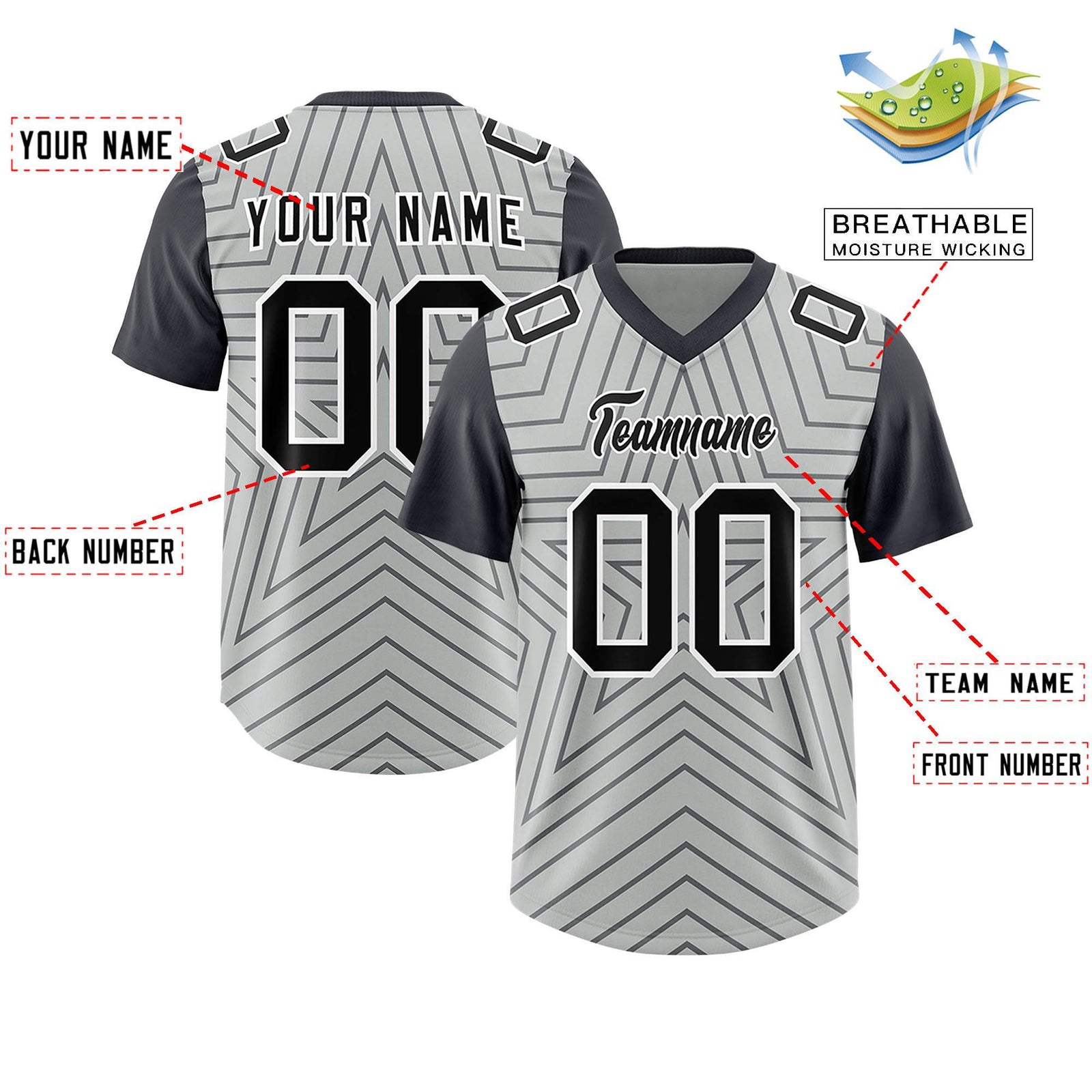 Custom Gray Dark Gray Personalized Star Pattern Raglan Sleeves Authentic Football Jersey