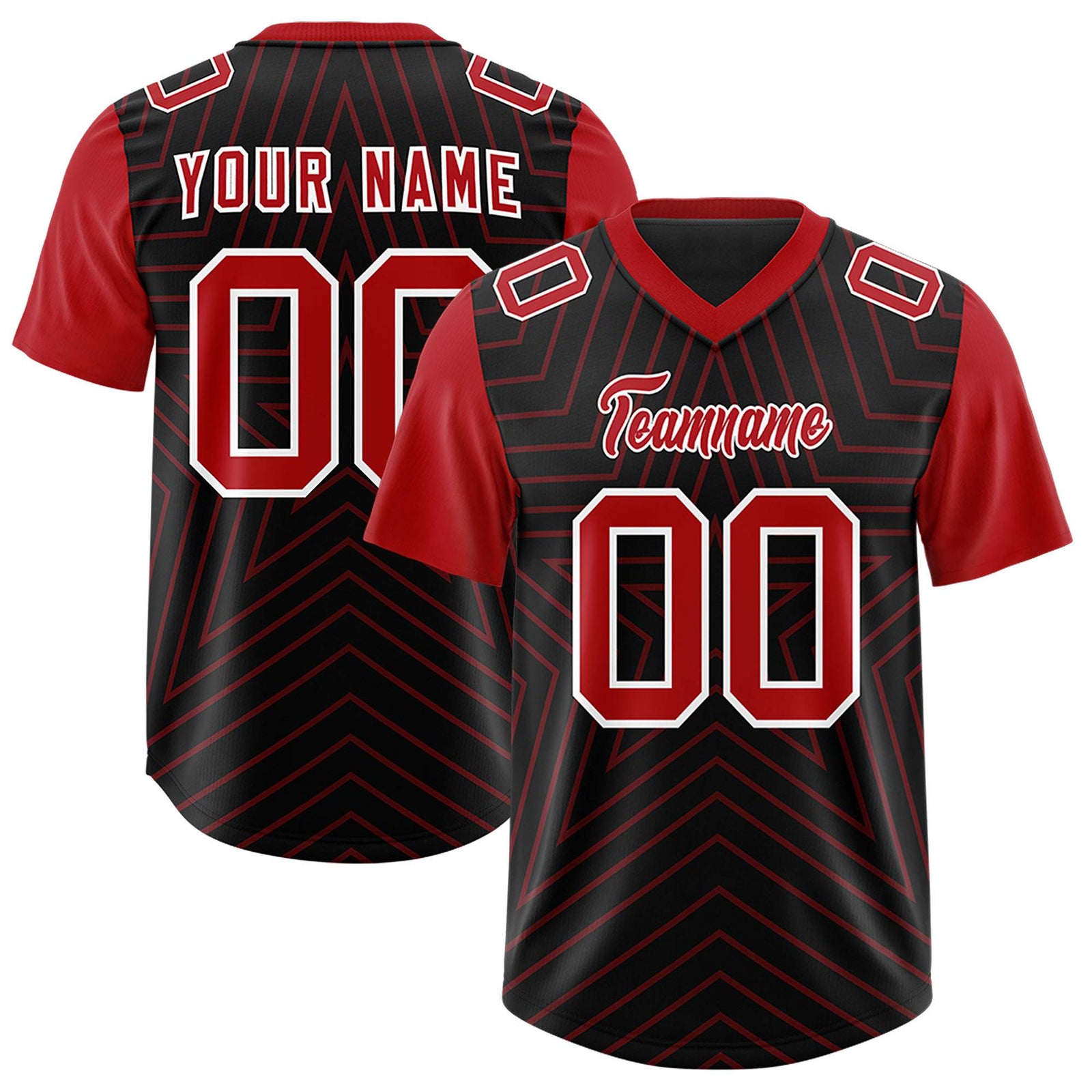 Custom Black Red Personalized Star Pattern Raglan Sleeves Authentic Football Jersey