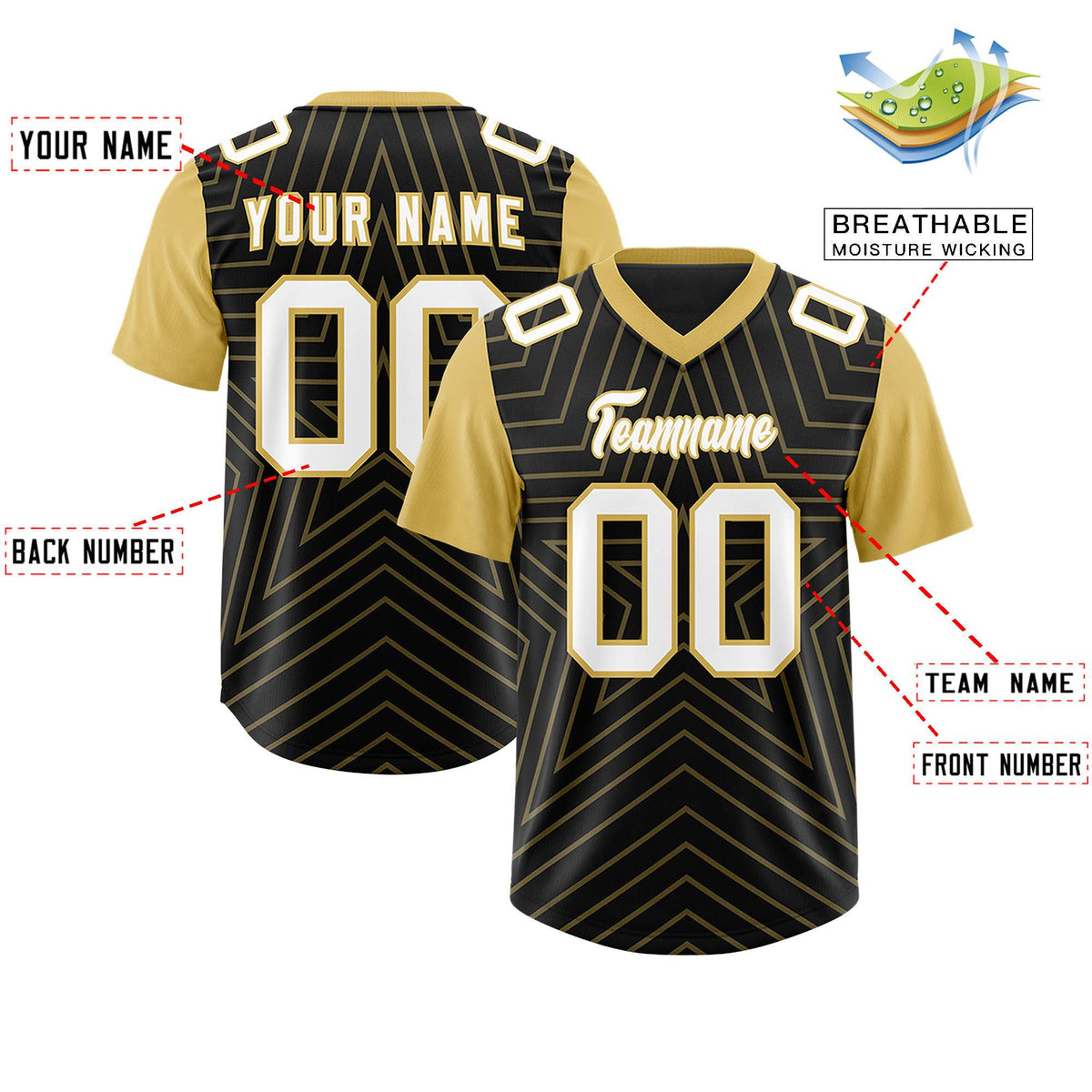 Custom Black Old Gold Personalized Star Pattern Raglan Sleeves Authentic Football Jersey