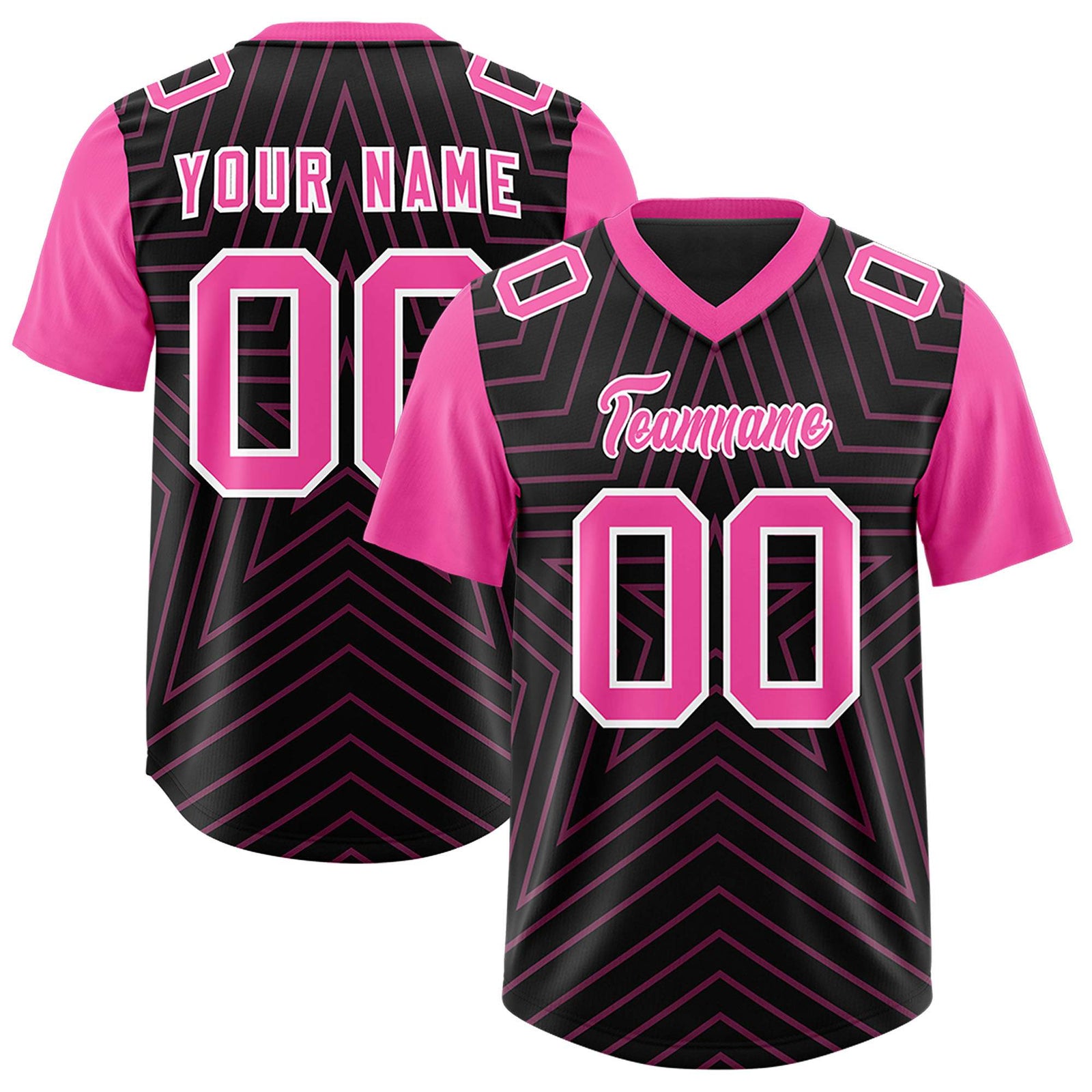 Custom Black Pink Personalized Star Pattern Raglan Sleeves Authentic Football Jersey