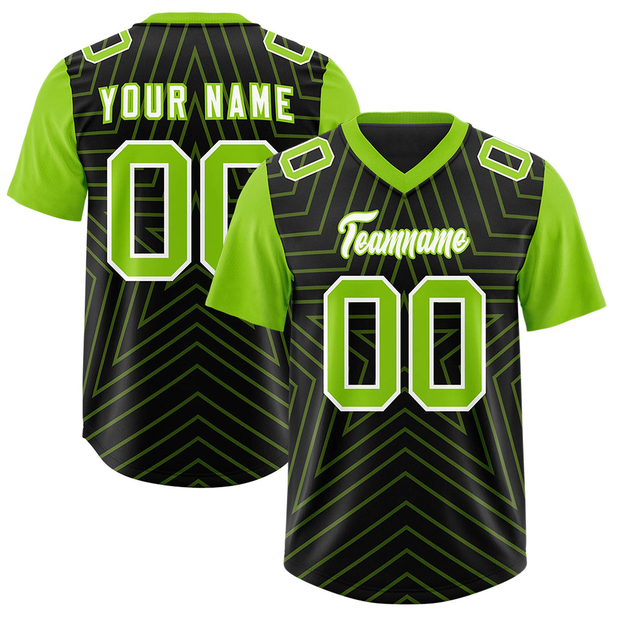 Custom Black Neon Green Personalized Star Pattern Raglan Sleeves Authentic Football Jersey