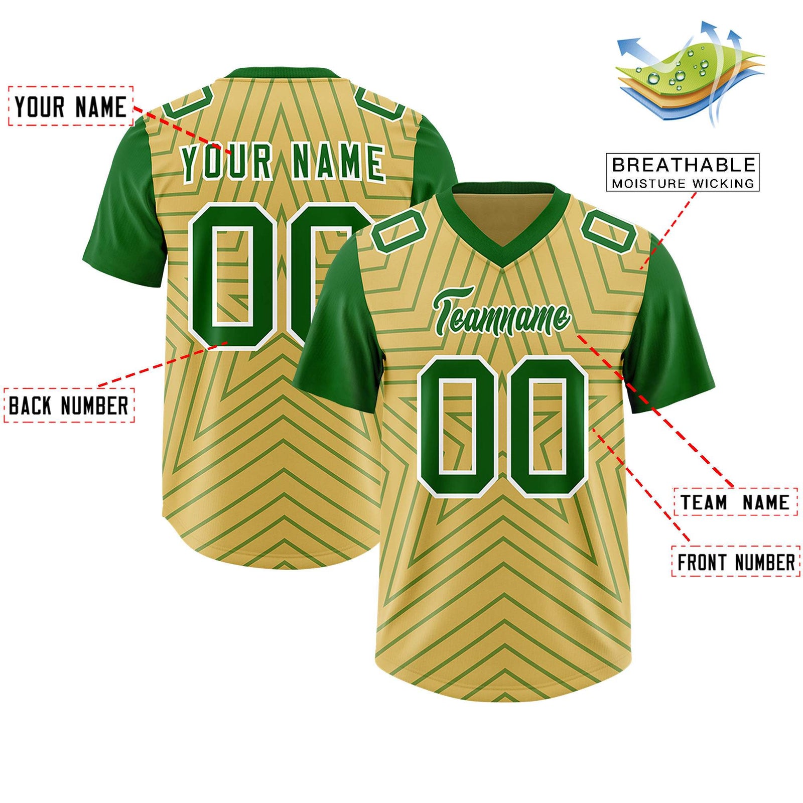 Custom Old Gold Kelly Green Personalized Star Pattern Raglan Sleeves Authentic Football Jersey