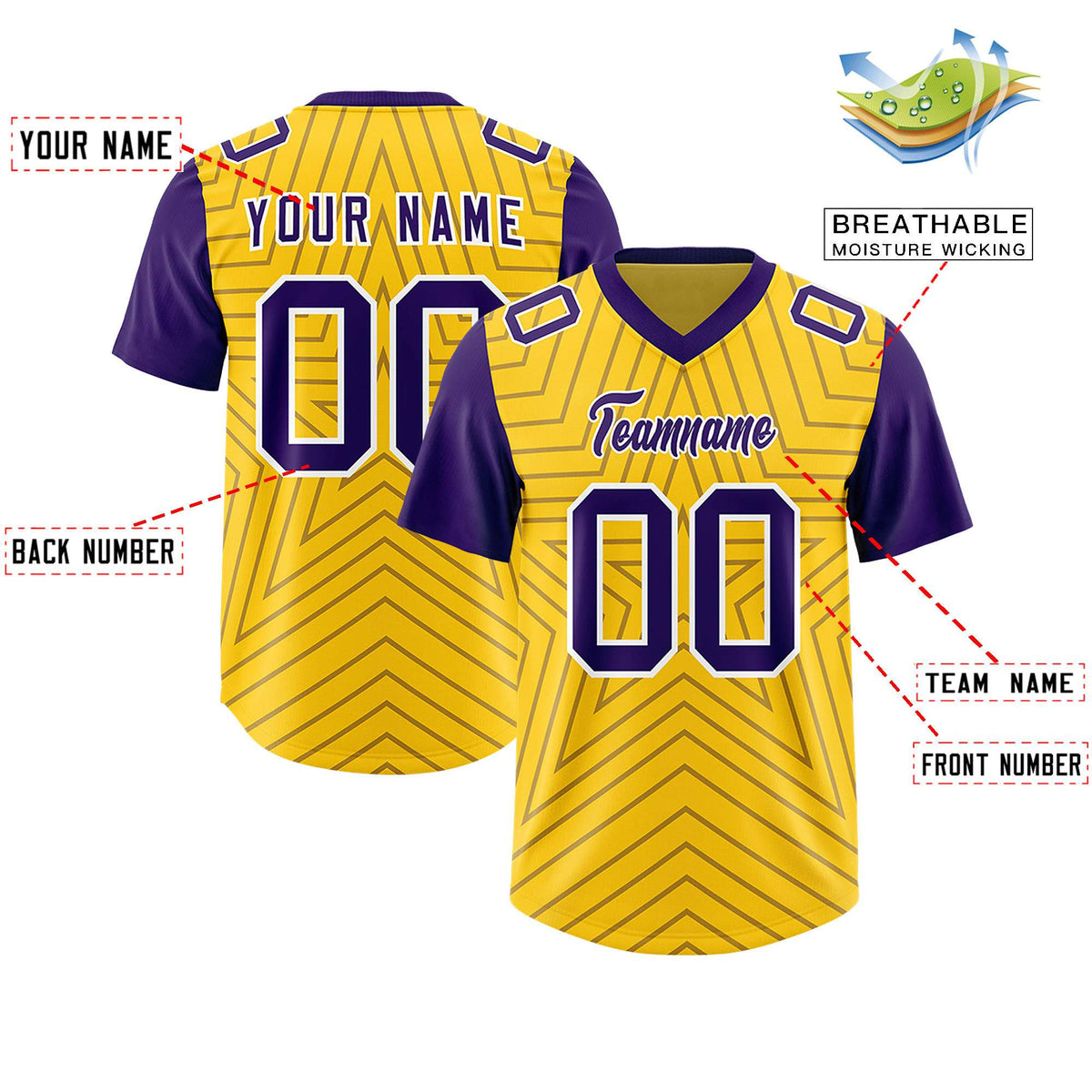 Custom Gold Purple Personalized Star Pattern Raglan Sleeves Authentic Football Jersey