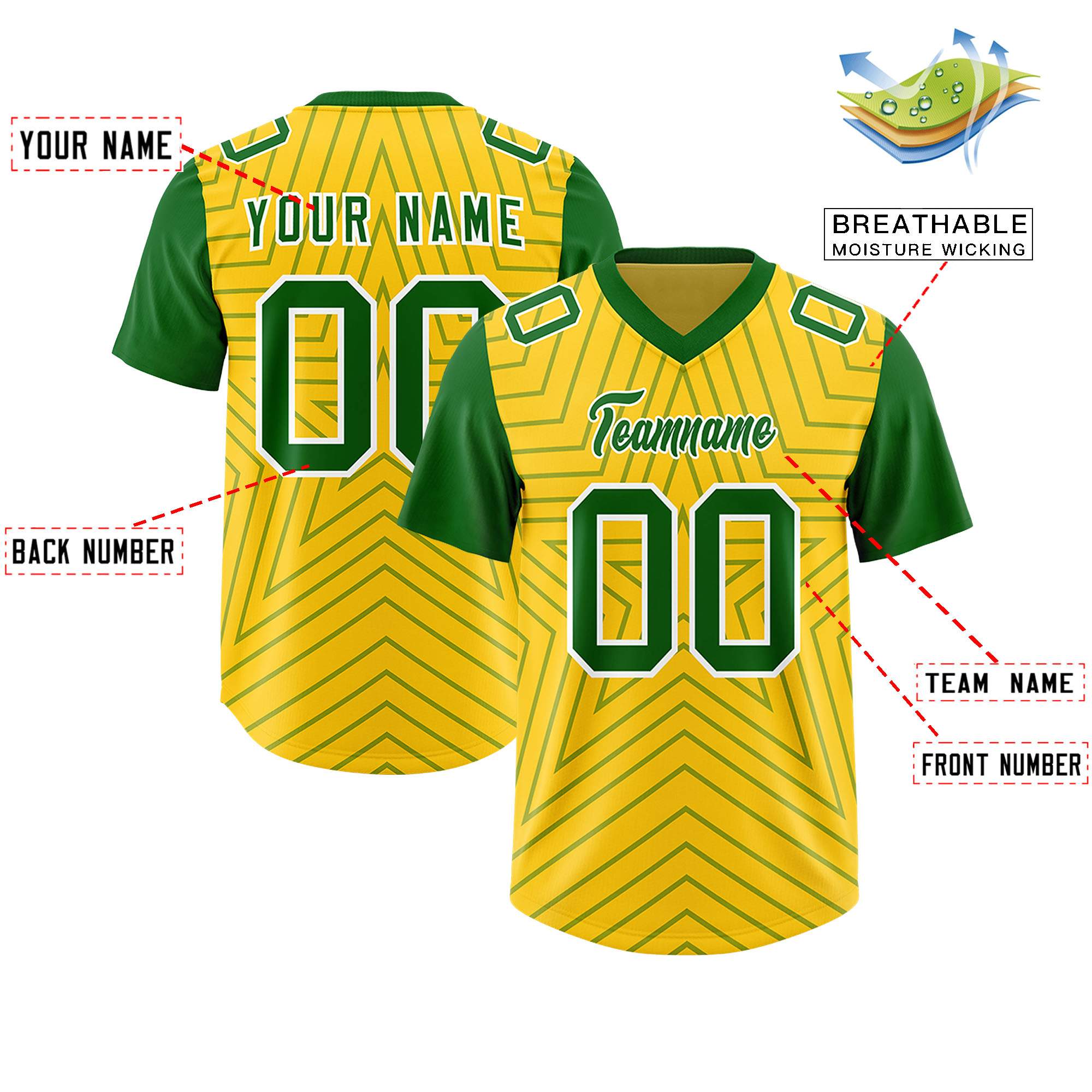 Custom Gold Kelly Green Personalized Star Pattern Raglan Sleeves Authentic Football Jersey