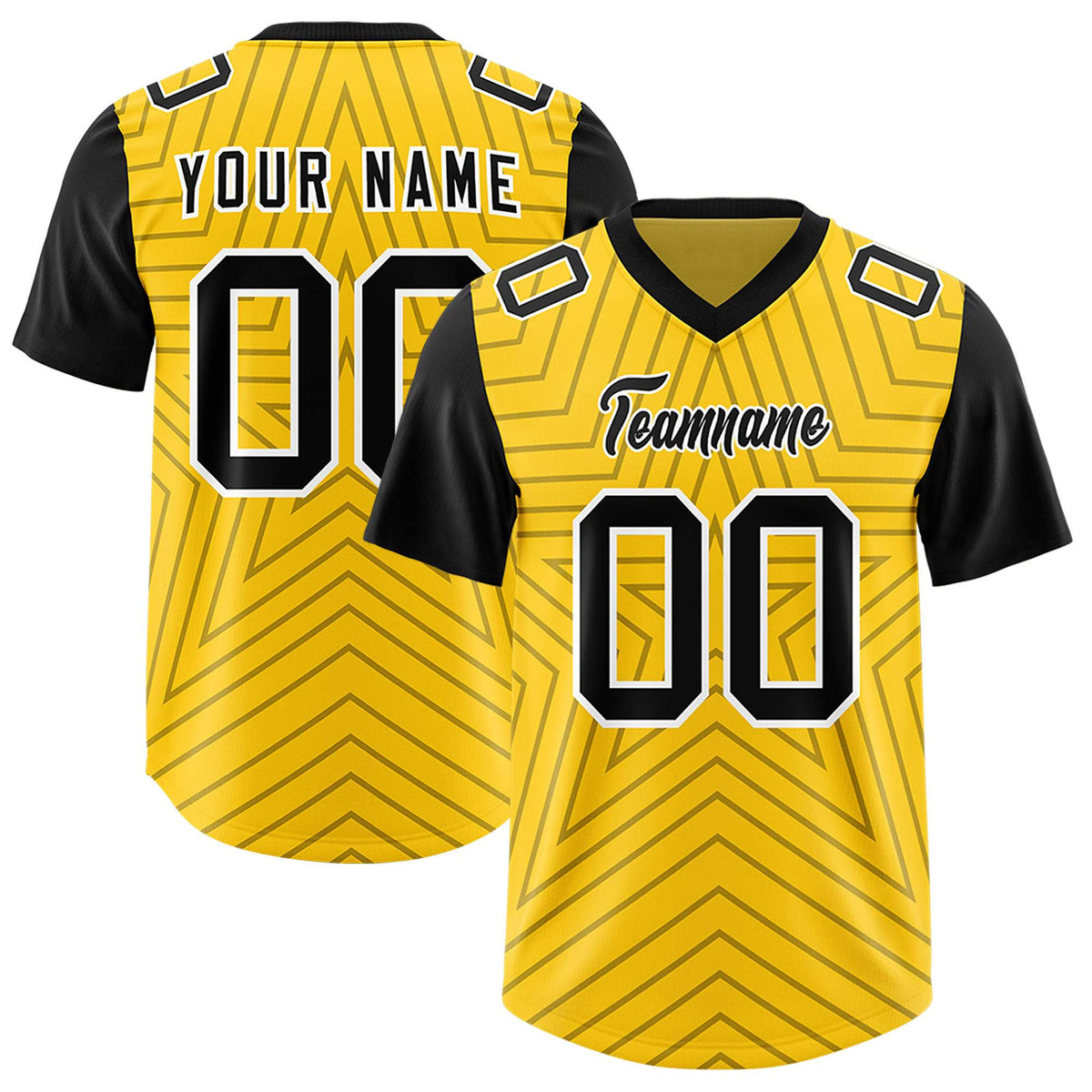 Custom Gold Black Personalized Star Pattern Raglan Sleeves Authentic Football Jersey