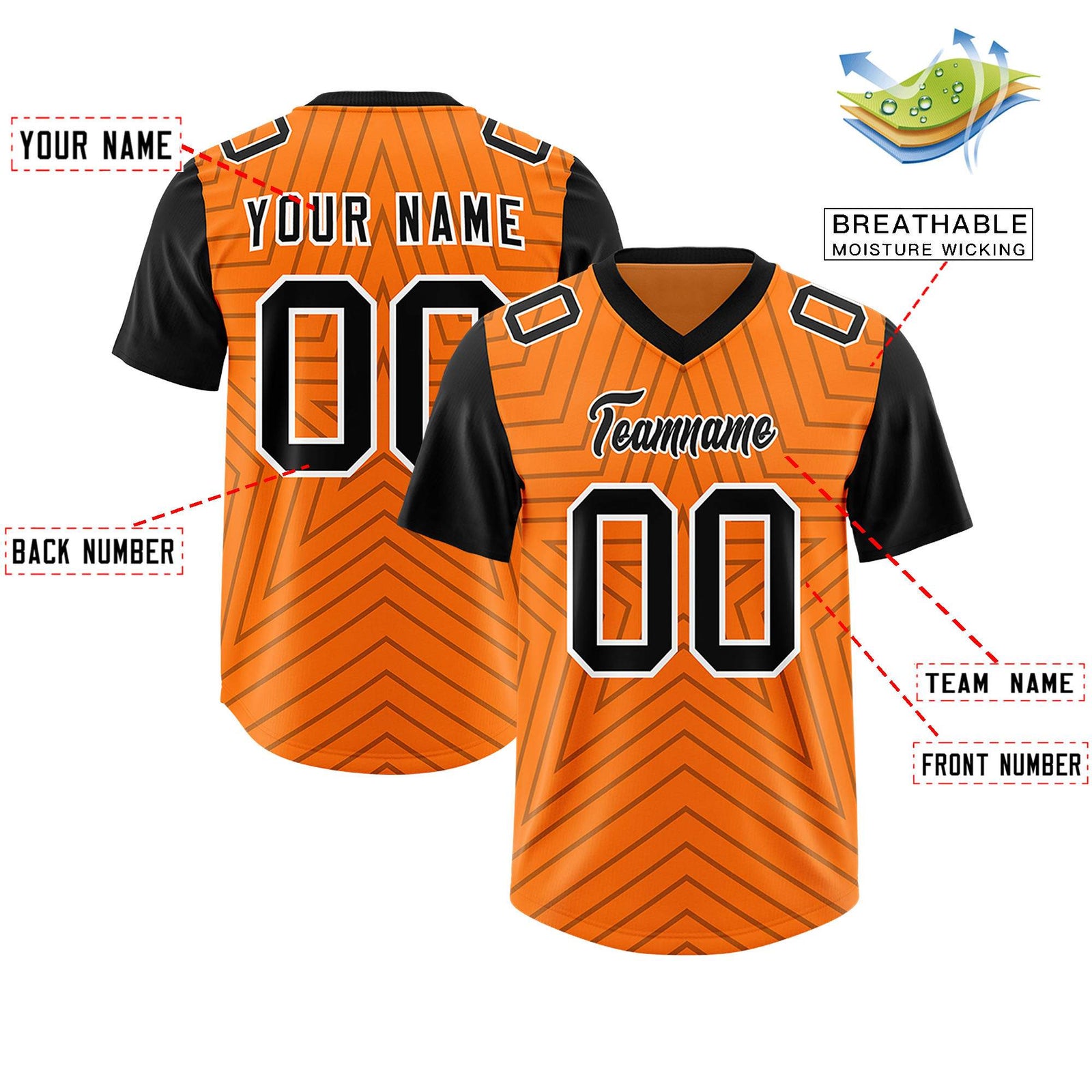 Custom Orange Black Personalized Star Pattern Raglan Sleeves Authentic Football Jersey