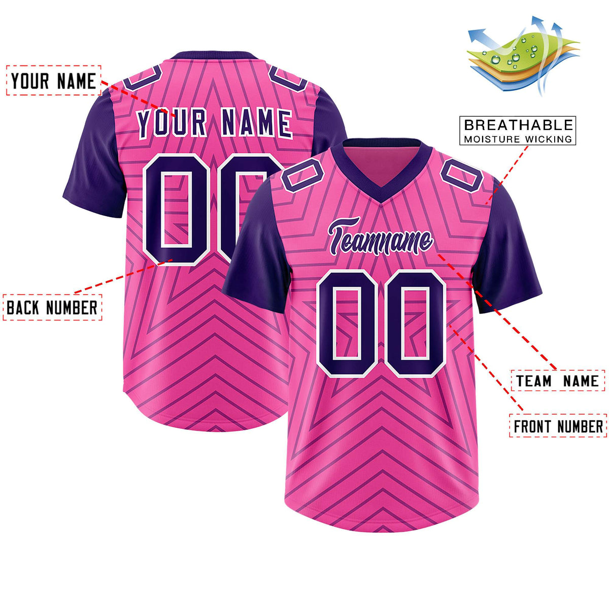 Custom Pink Purple Personalized Star Pattern Raglan Sleeves Authentic Football Jersey