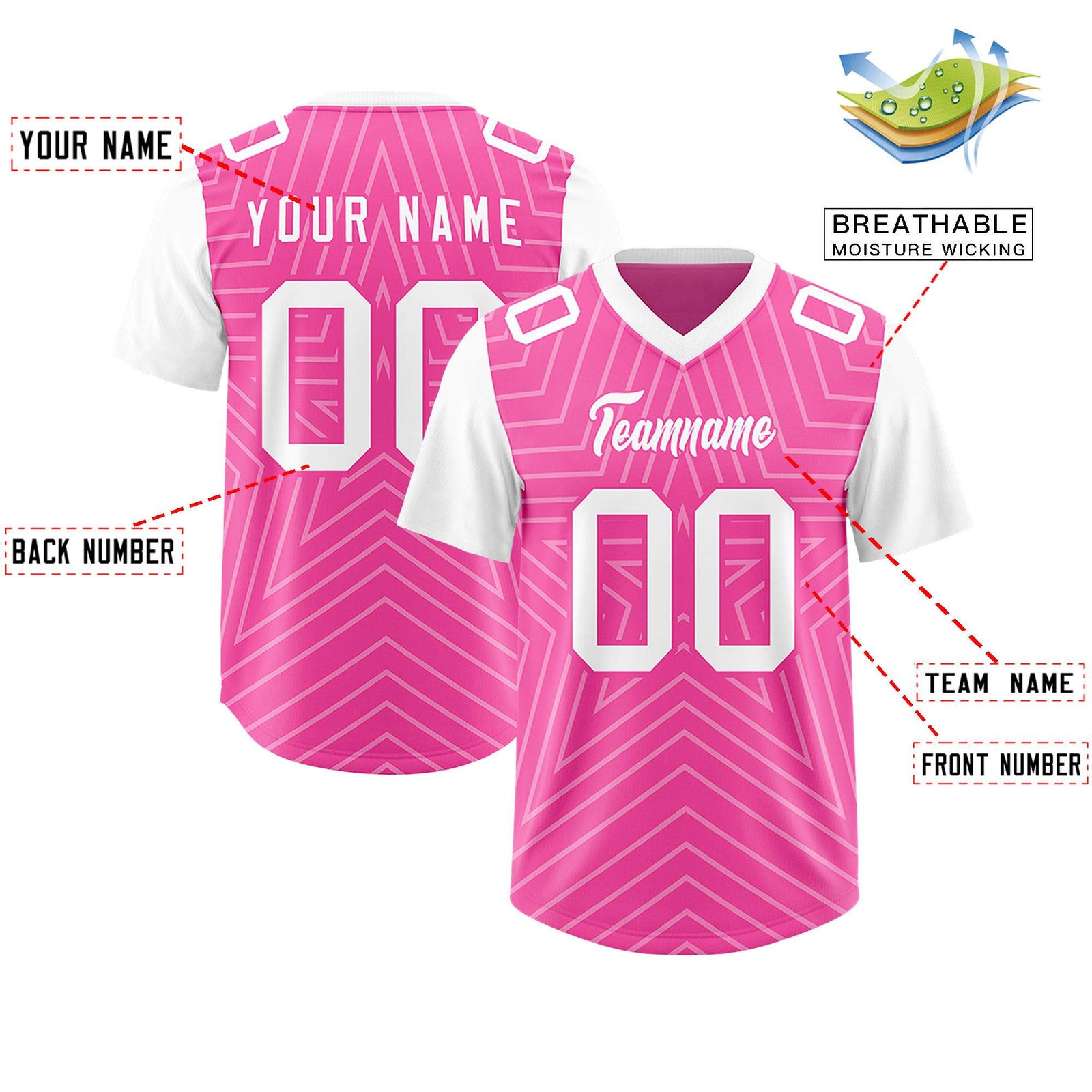 Custom Pink White Personalized Star Pattern Raglan Sleeves Authentic Football Jersey
