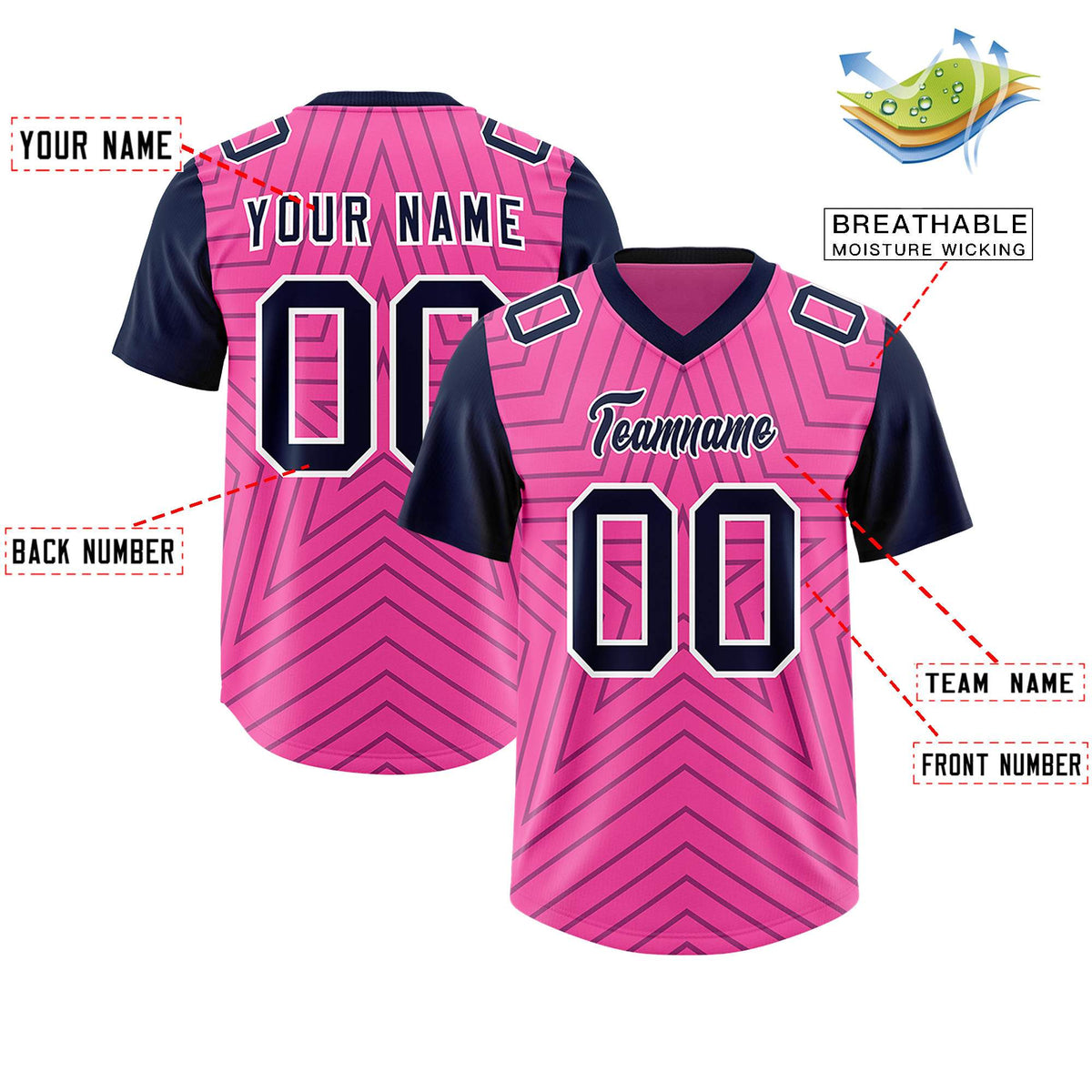 Custom Pink Navy Personalized Star Pattern Raglan Sleeves Authentic Football Jersey