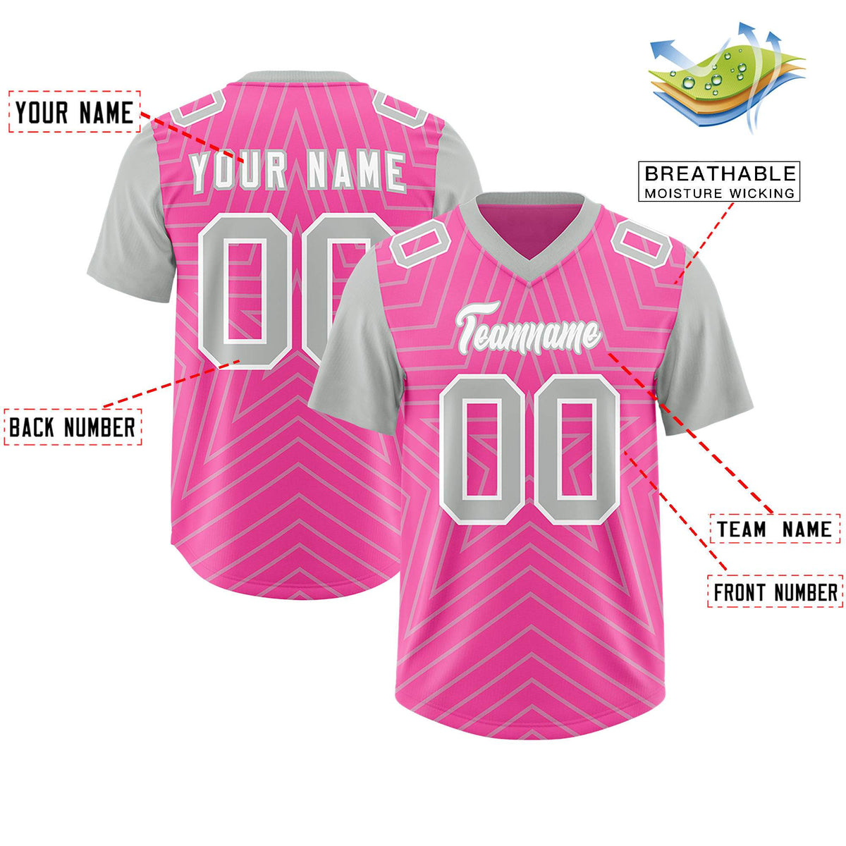Custom Pink Gray Personalized Star Pattern Raglan Sleeves Authentic Football Jersey