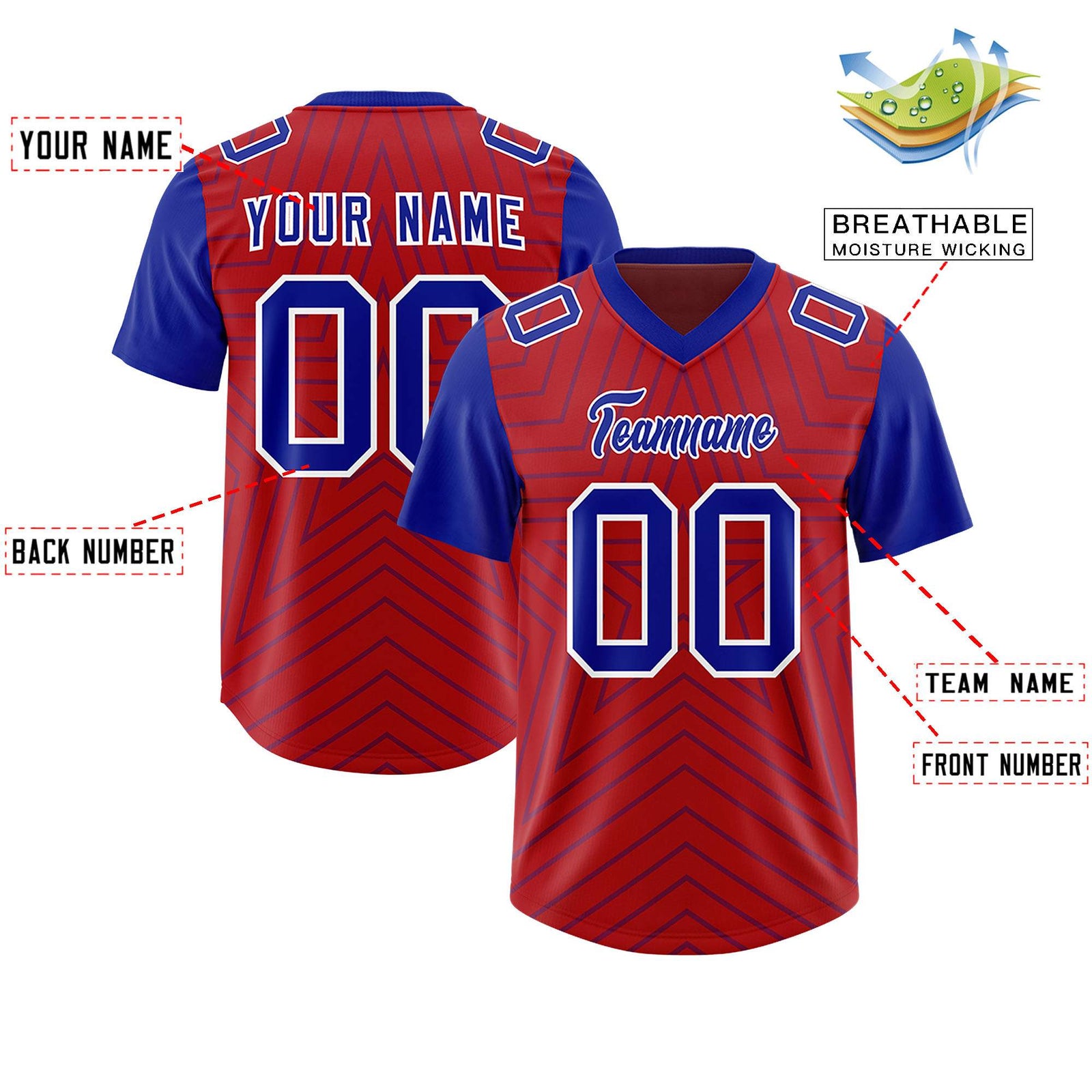 Custom Red Royal Personalized Star Pattern Raglan Sleeves Authentic Football Jersey