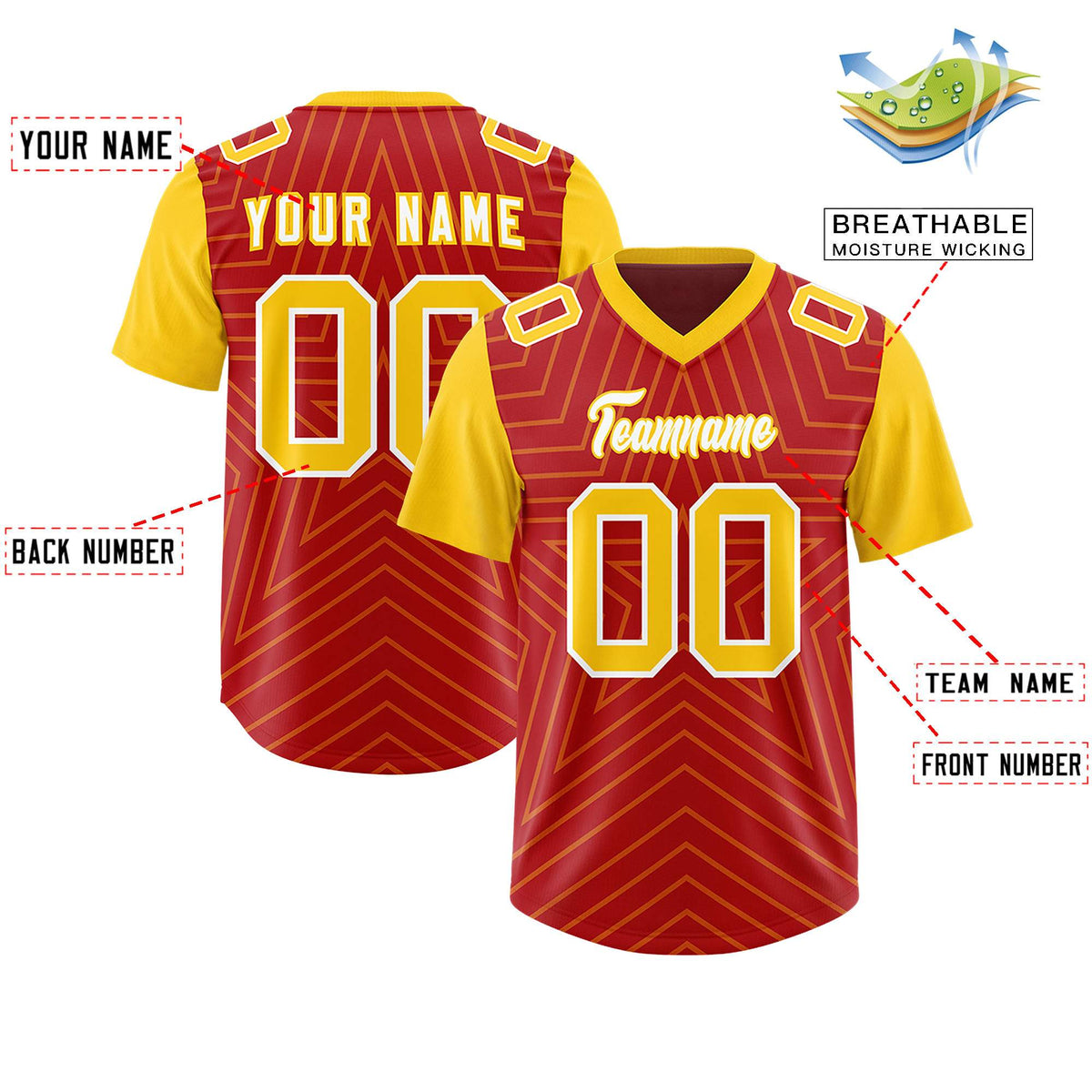Custom Red Gold Personalized Star Pattern Raglan Sleeves Authentic Football Jersey