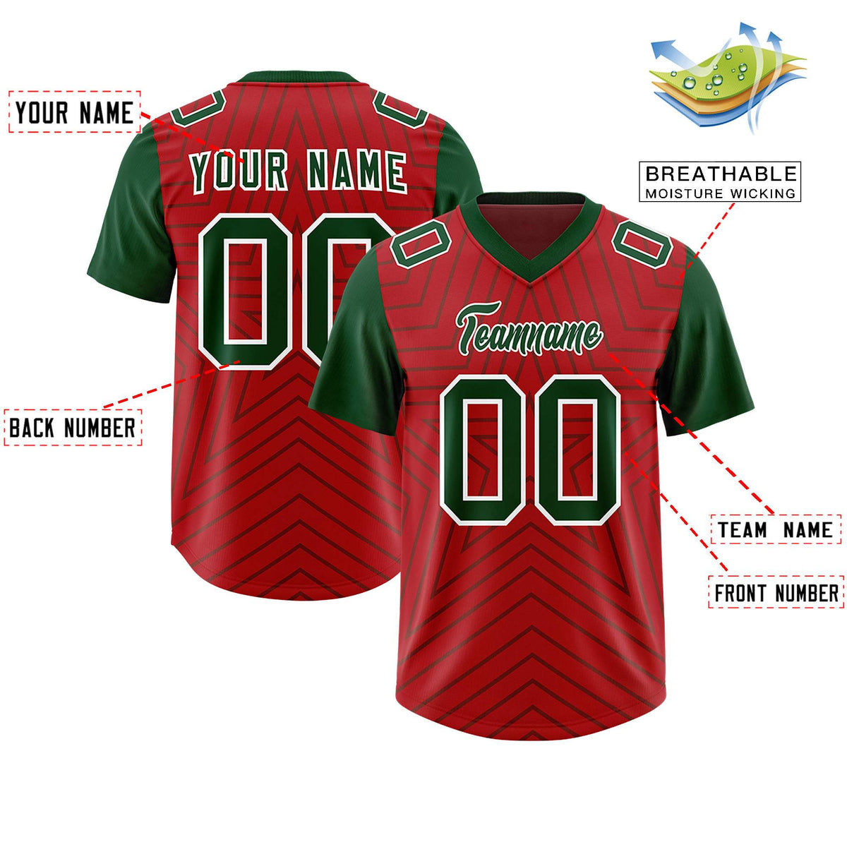 Custom Red Green Personalized Star Pattern Raglan Sleeves Authentic Football Jersey